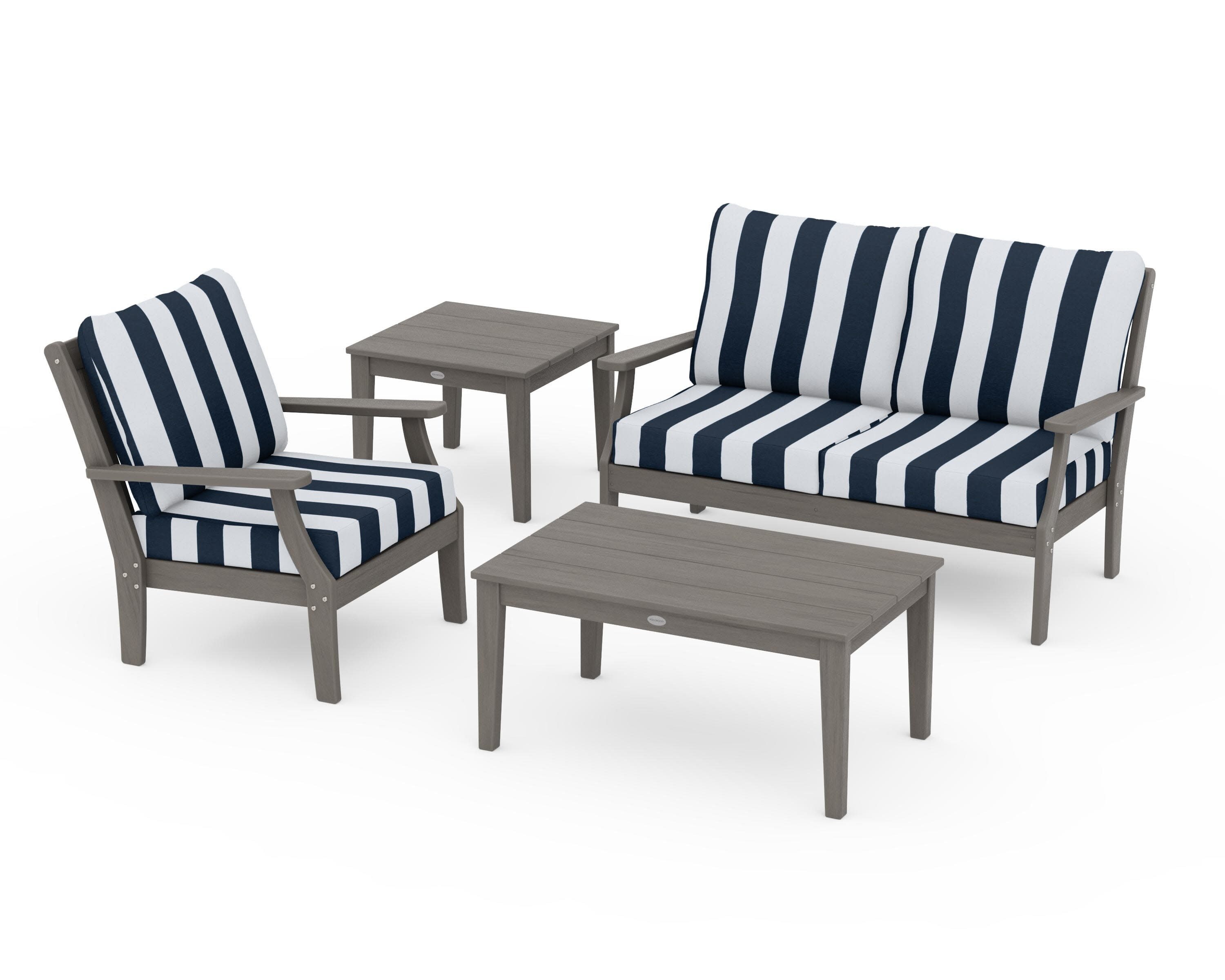 Braxton 4-Piece Deep Seating Set in Driftwood / Cabana Stripe Marine Indigo