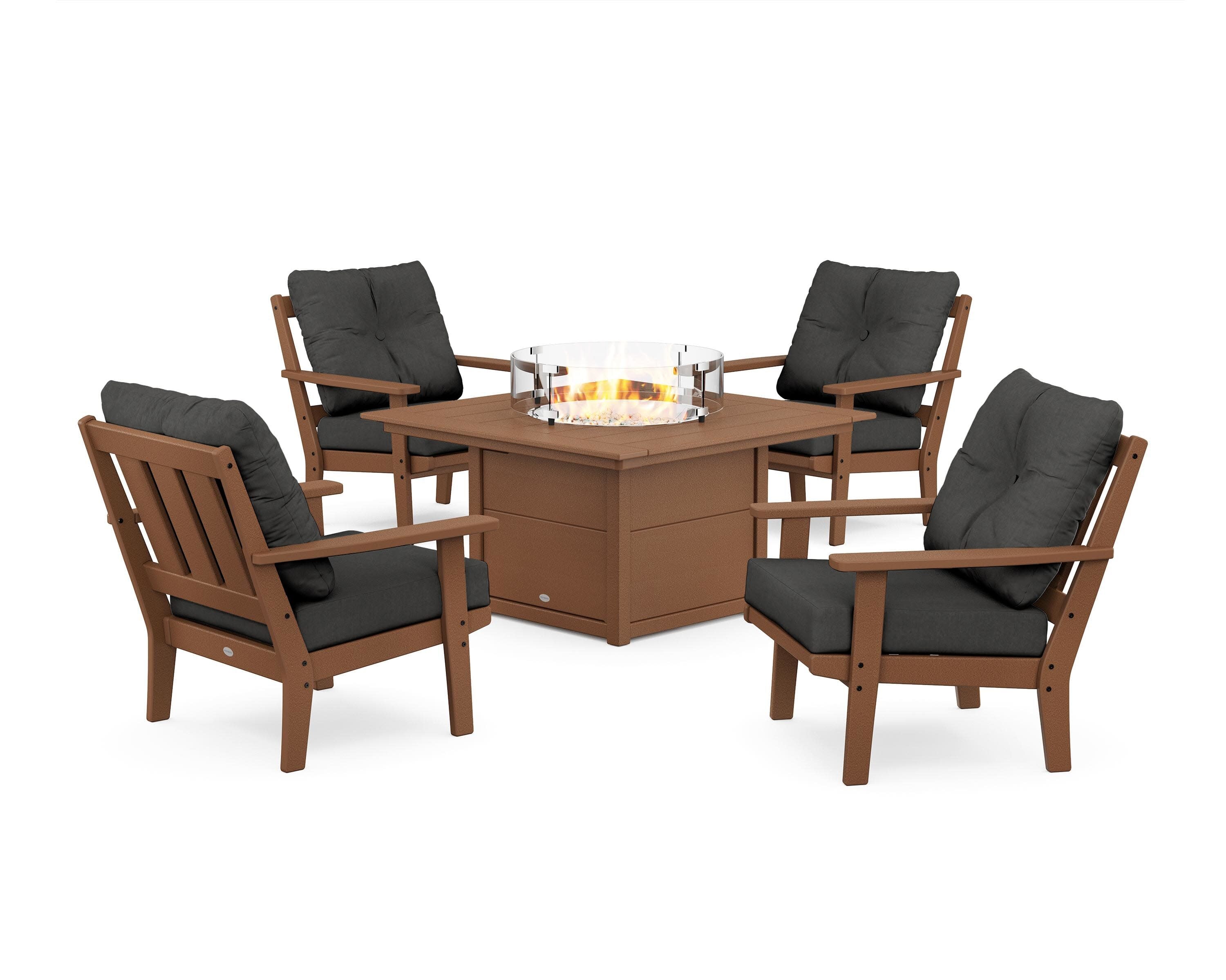 Oxford 5-Piece Deep Seating Set with Fire Pit Table in Teak / Spectrum Carbon