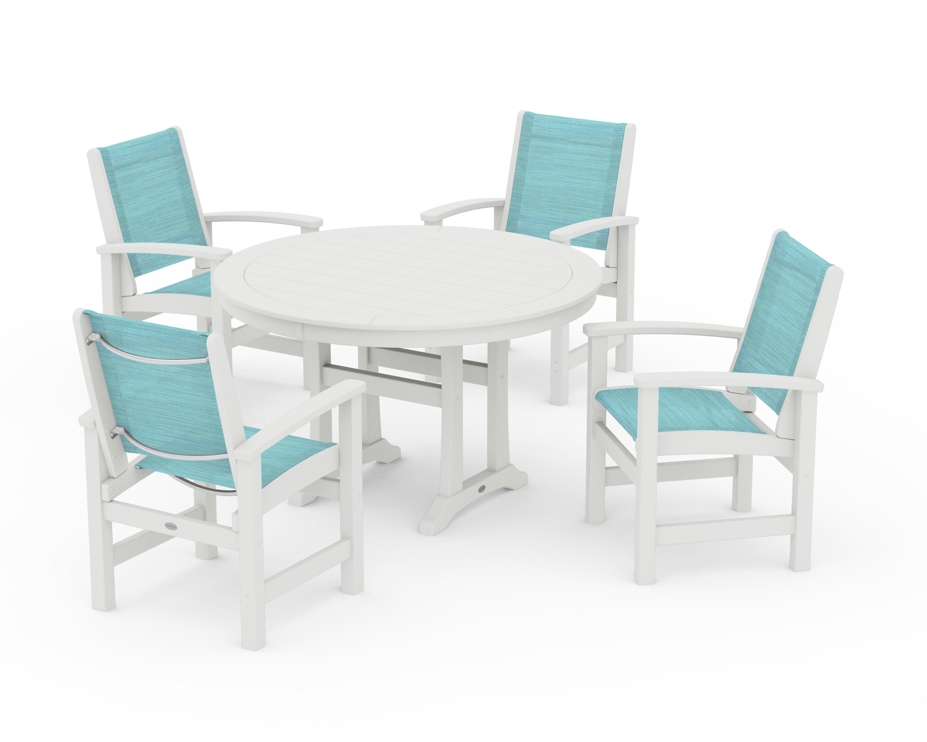 Coastal 5-Piece Round Dining Set with Trestle Legs in Vintage White / Dupioni Aquamarine Sling