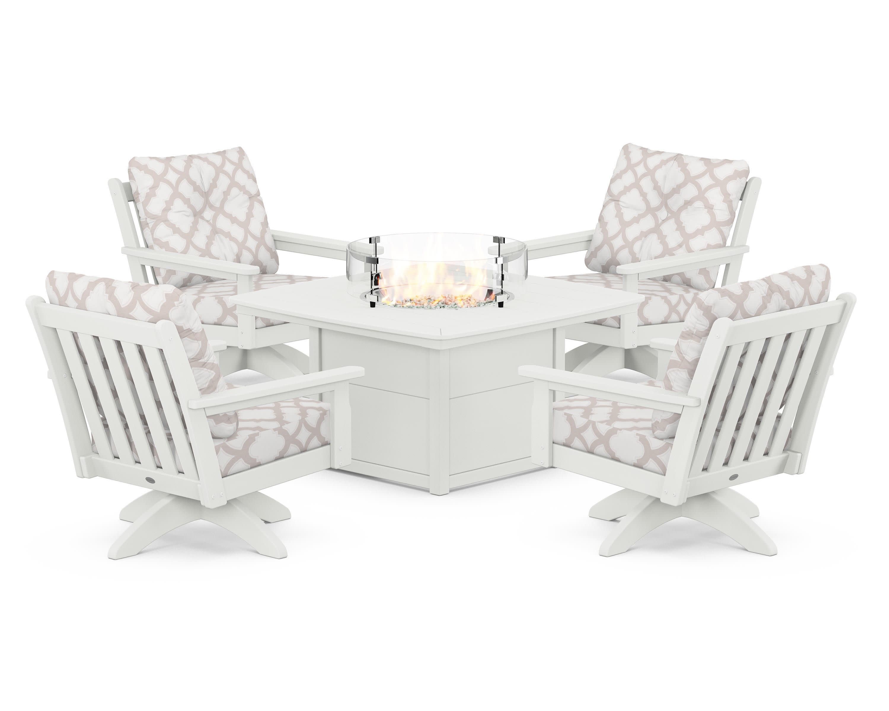 Vineyard 5-Piece Deep Seating Swivel Conversation Set with Fire Pit Table in Vintage White / Trellis Dune Burlap