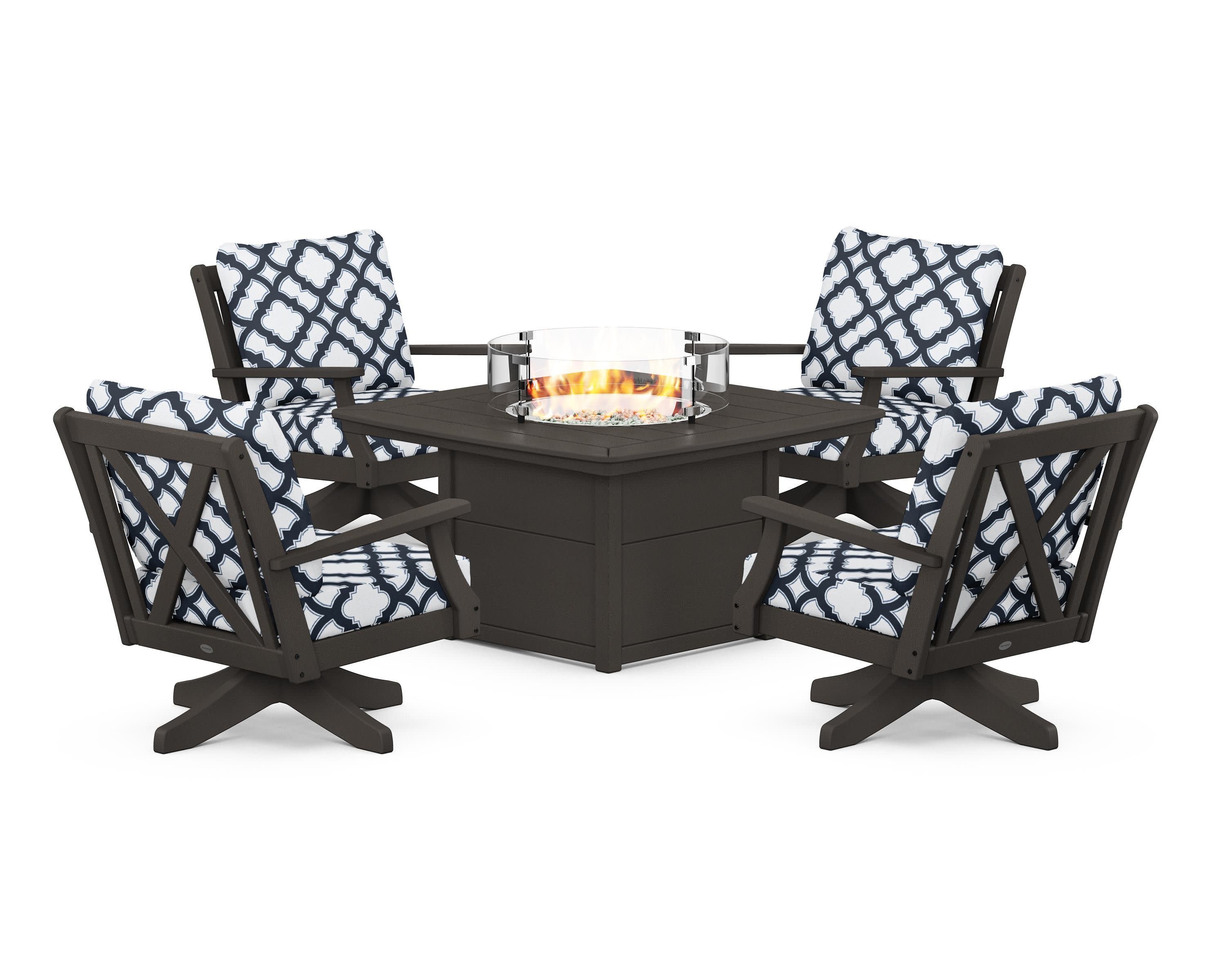 Braxton 5-Piece Deep Seating Swivel Conversation Set with Fire Pit Table in Vintage Coffee / Trellis Marine Indigo