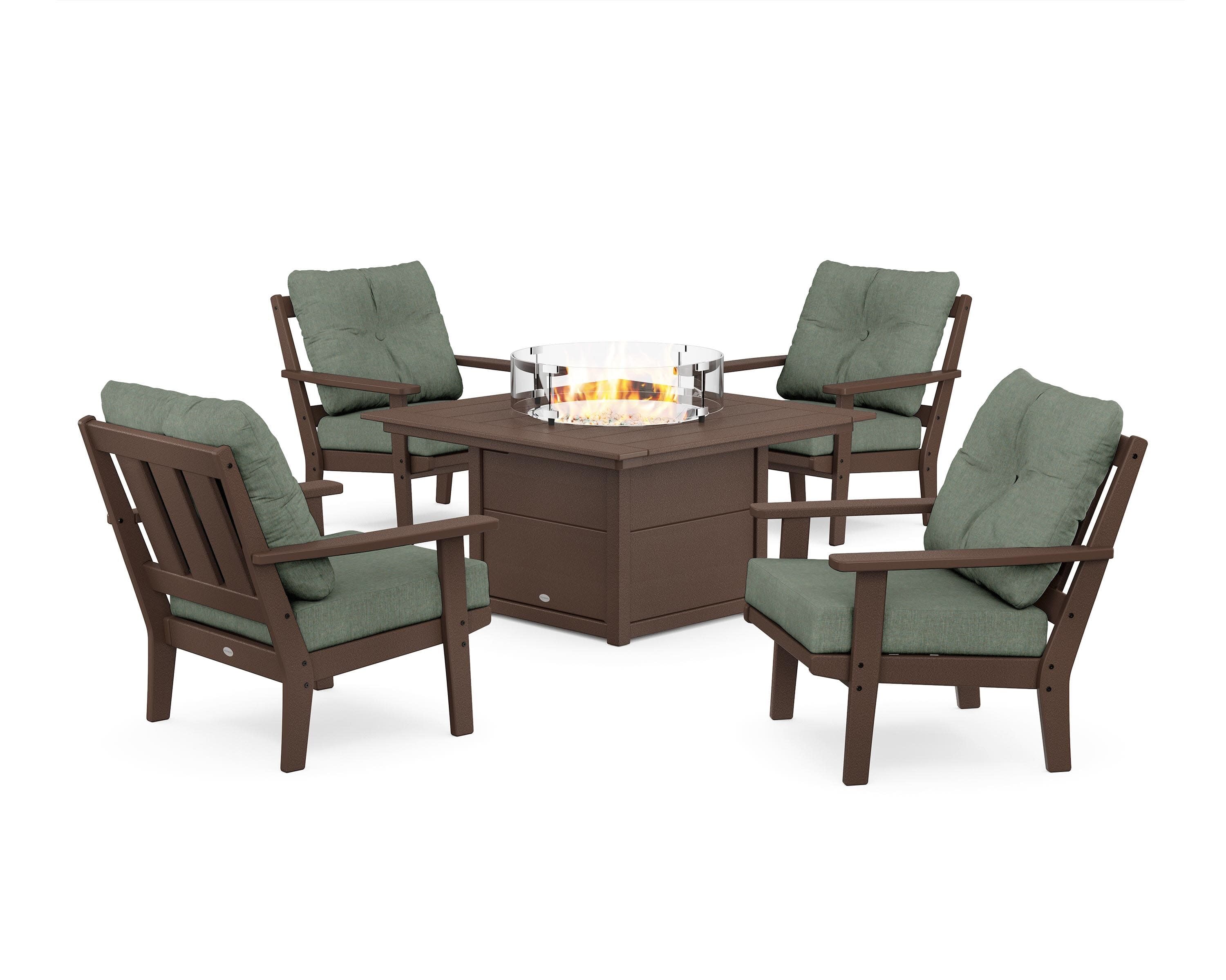 Oxford 5-Piece Deep Seating Set with Fire Pit Table in Mahogany / Cast Sage