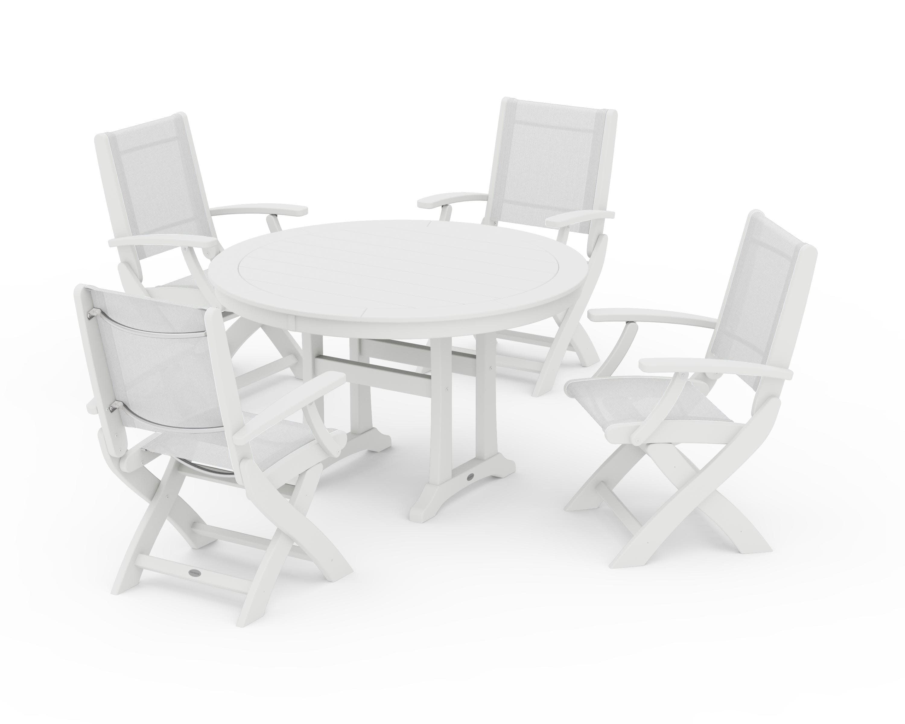 Coastal Folding Chair 5-Piece Round Dining Set with Trestle Legs in White / White Sling
