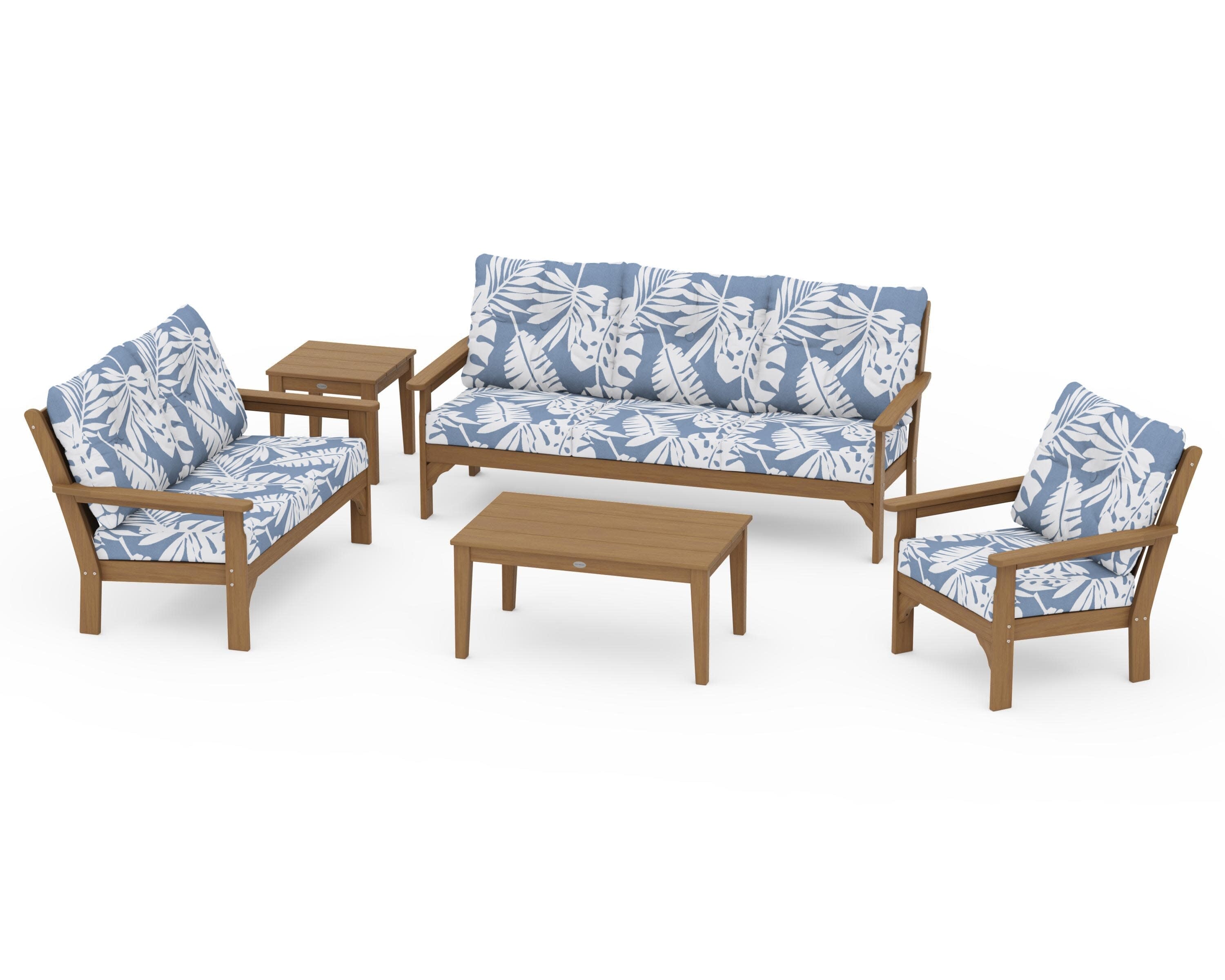 Vineyard 5 Piece Deep Seating Set in Natural / Leaf Sky Blue