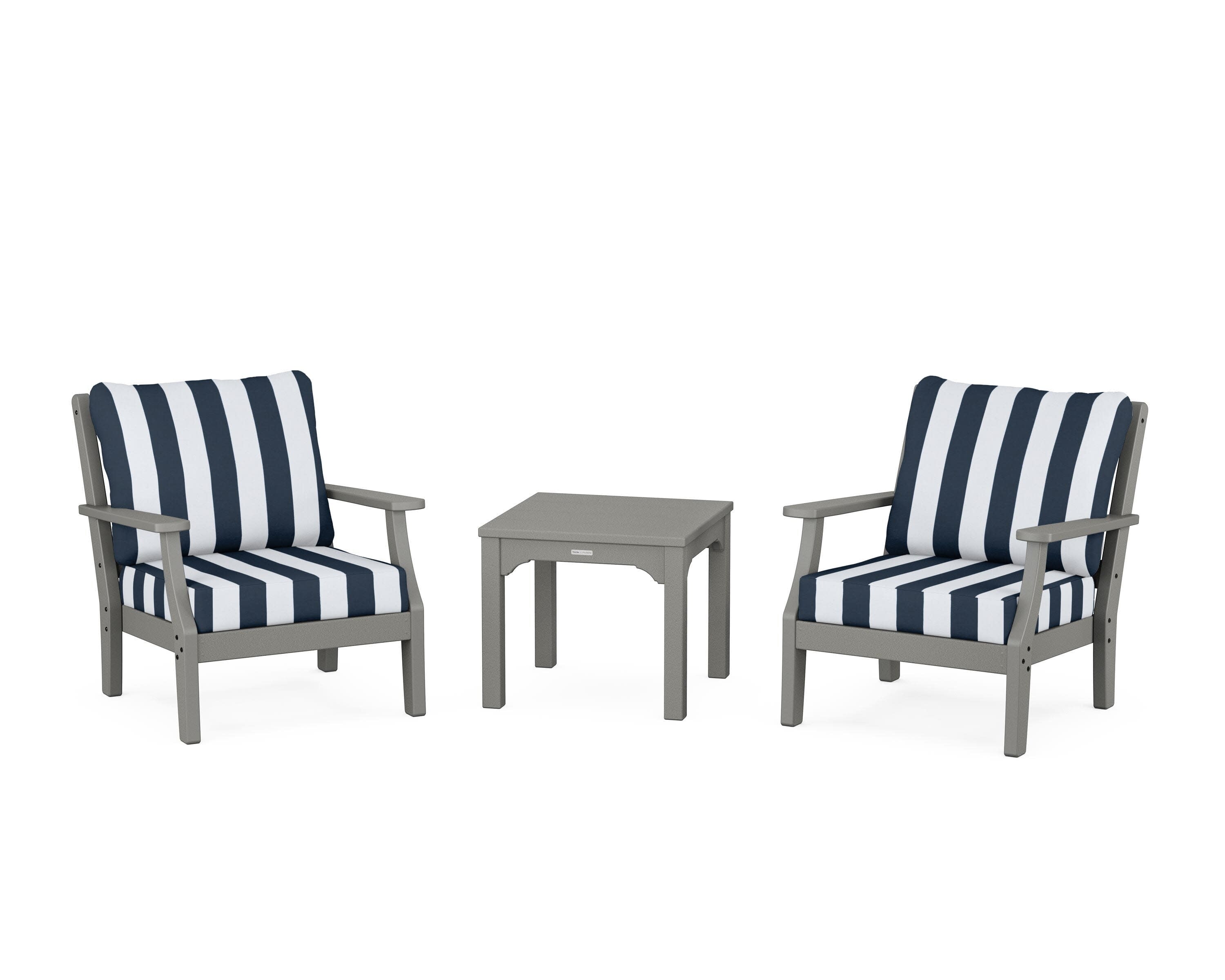Chinoiserie 3-Piece Deep Seating Set in Slate Grey / Cabana Stripe Marine Indigo