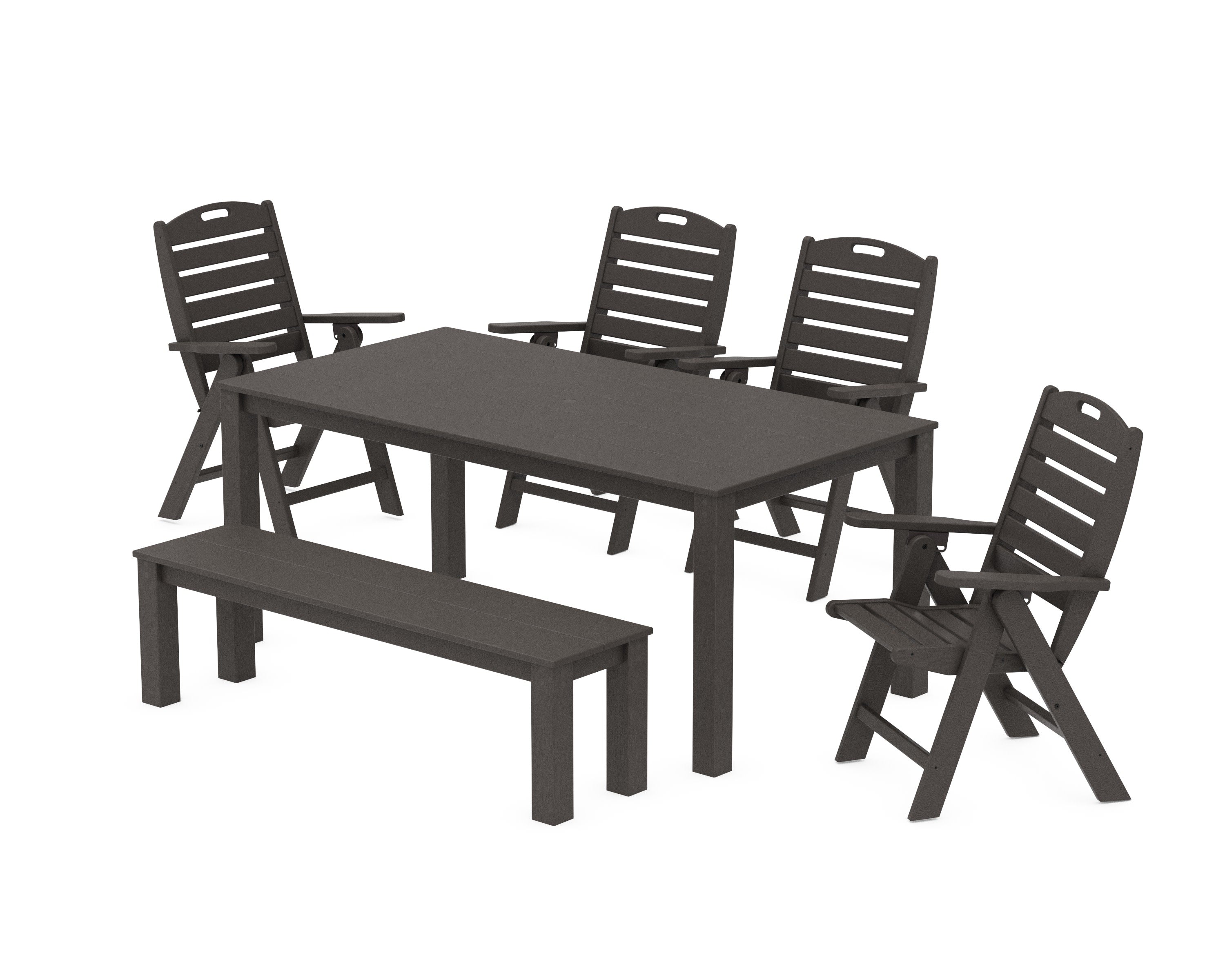 Nautical Folding Highback Chair 6-Piece Parsons Dining Set with Bench in Vintage Coffee