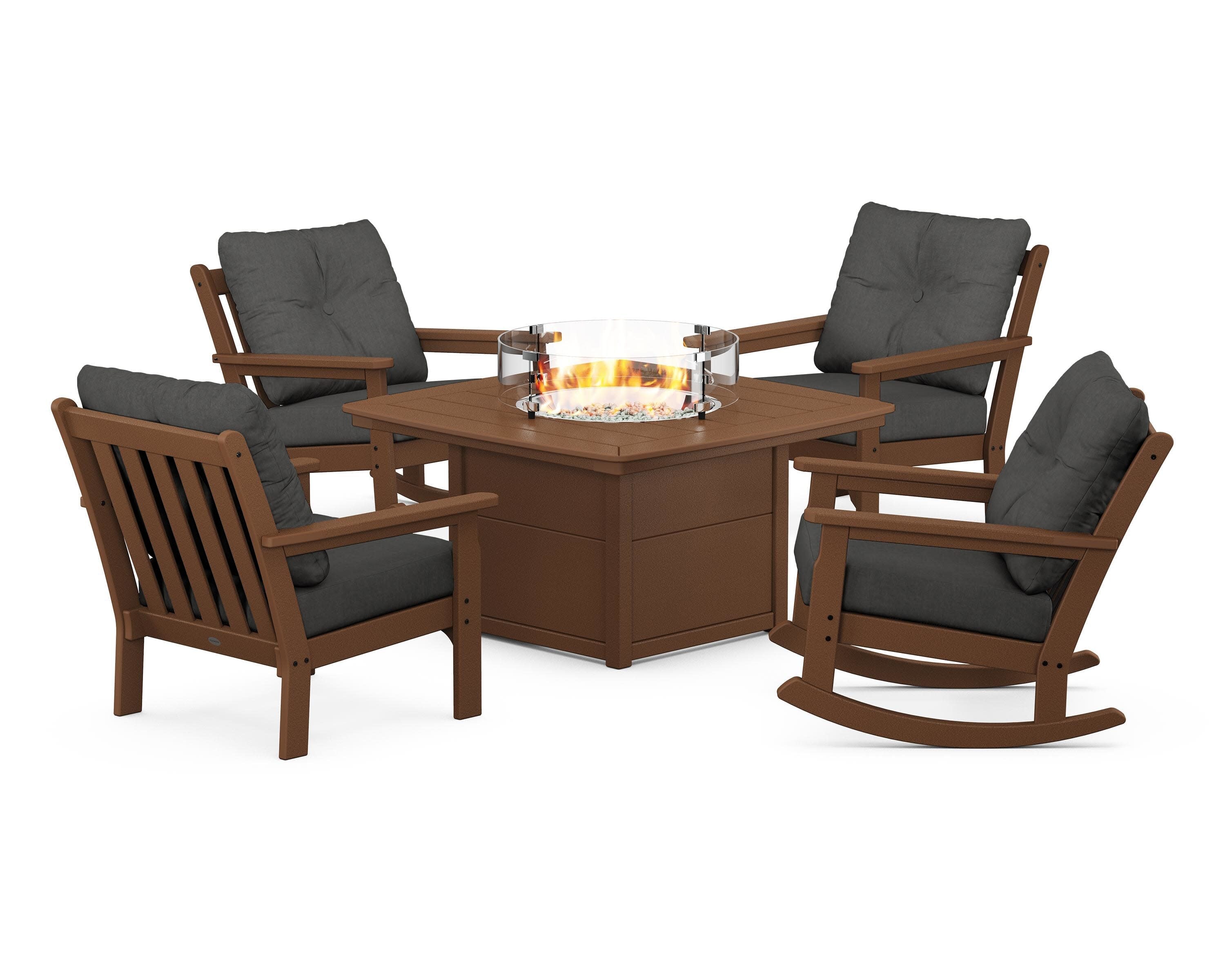 Vineyard 5-Piece Deep Seating Rocking Chair Conversation Set with Fire Pit Table in Teak / Spectrum Carbon