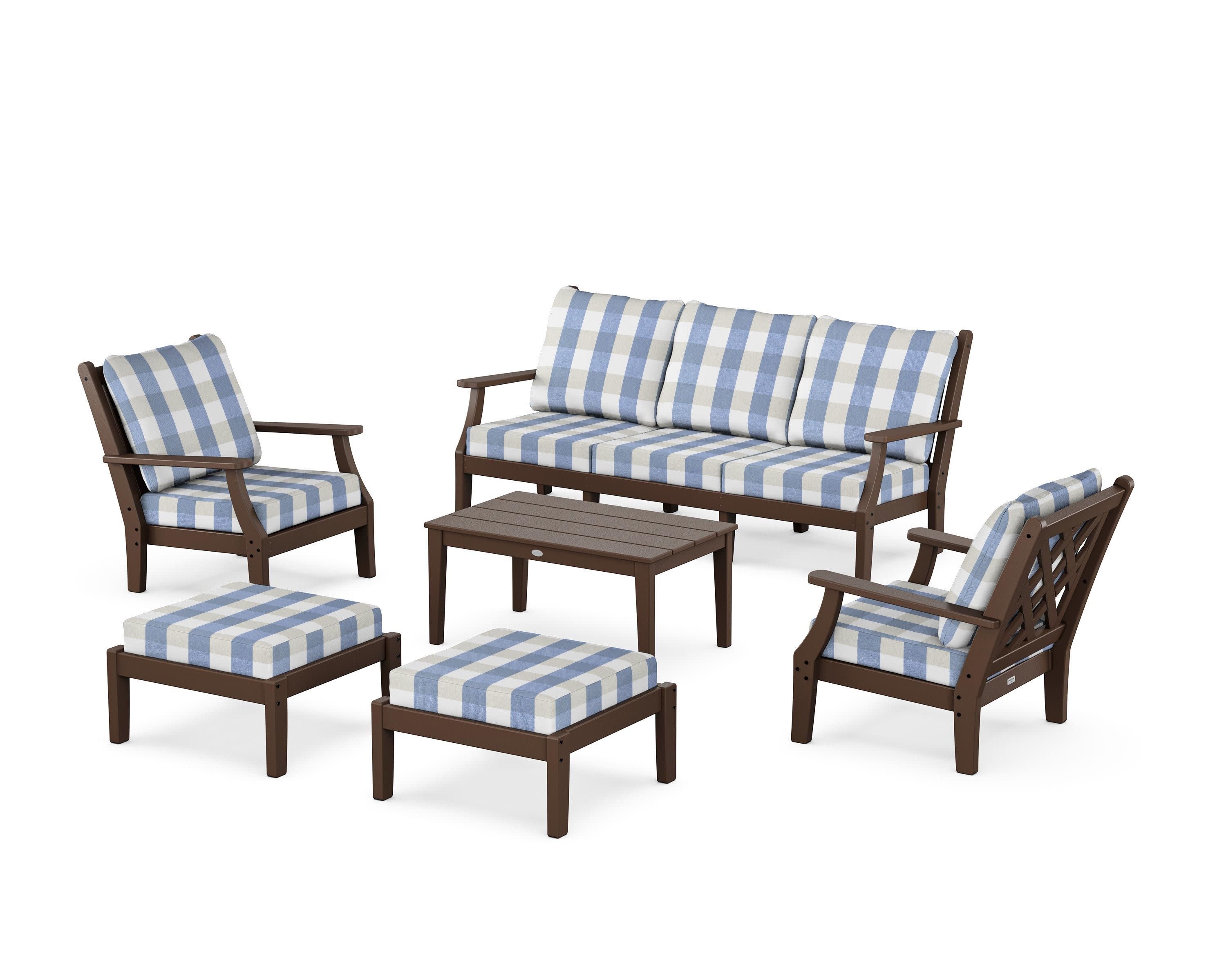 Wovendale 6-Piece Lounge Sofa Set in Mahogany / Buffalo Plaid Sky Blue