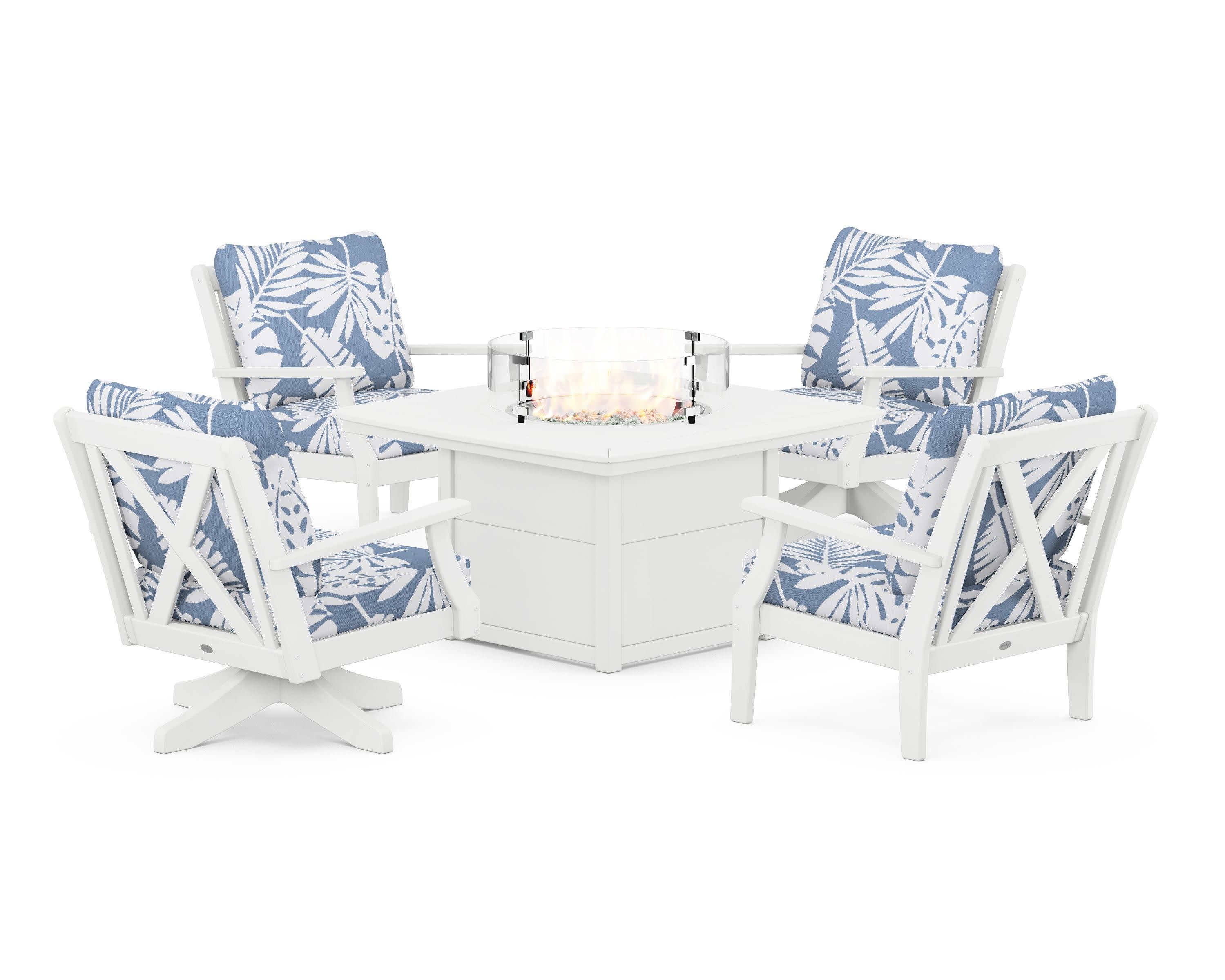 Braxton 5-Piece Deep Seating Set with Fire Table in White / Leaf Sky Blue