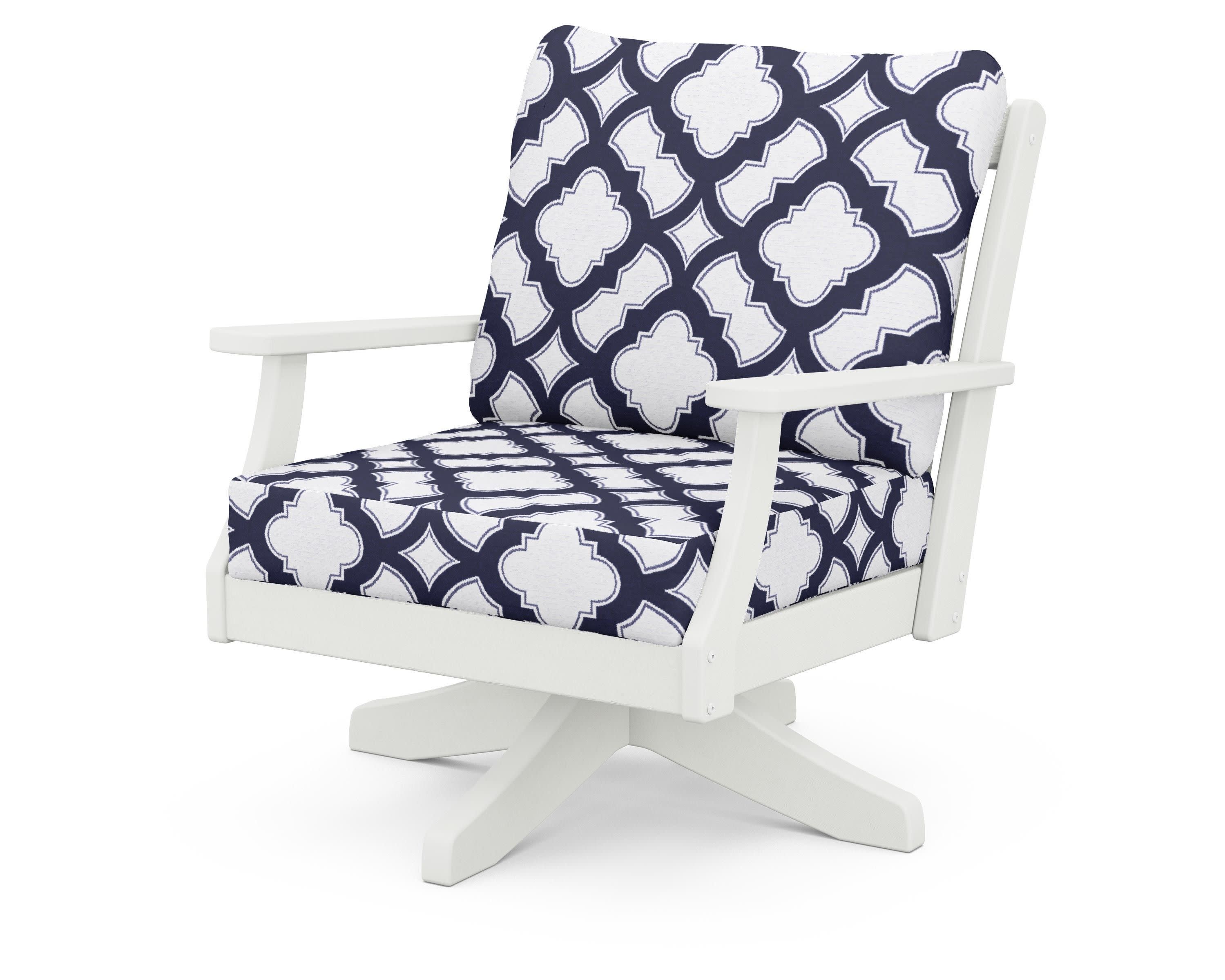 Braxton Deep Seating Swivel Chair in Vintage White / Trellis Navy