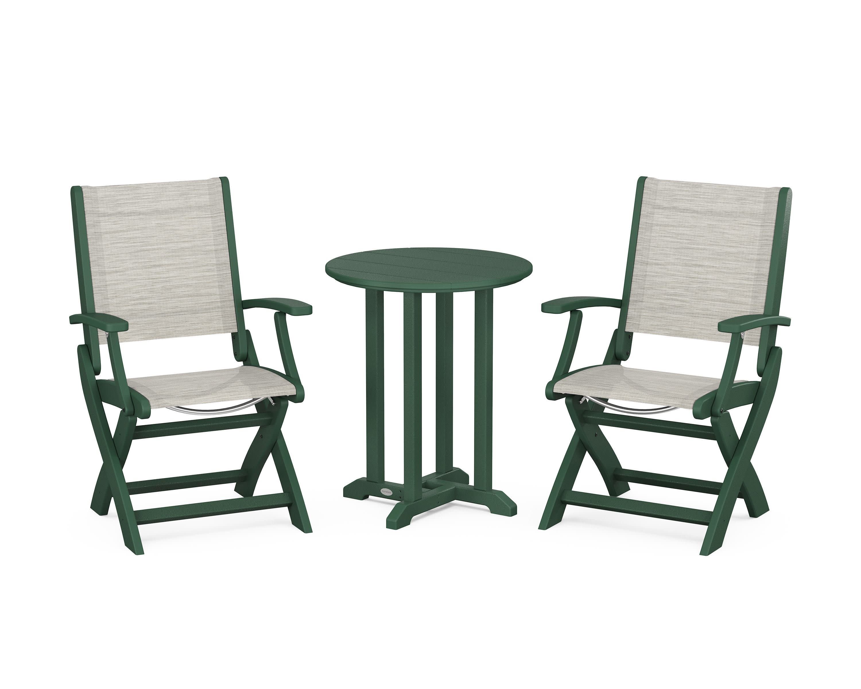 Coastal Folding 3-Piece Round Bistro Dining Set in Green / Birch Sling