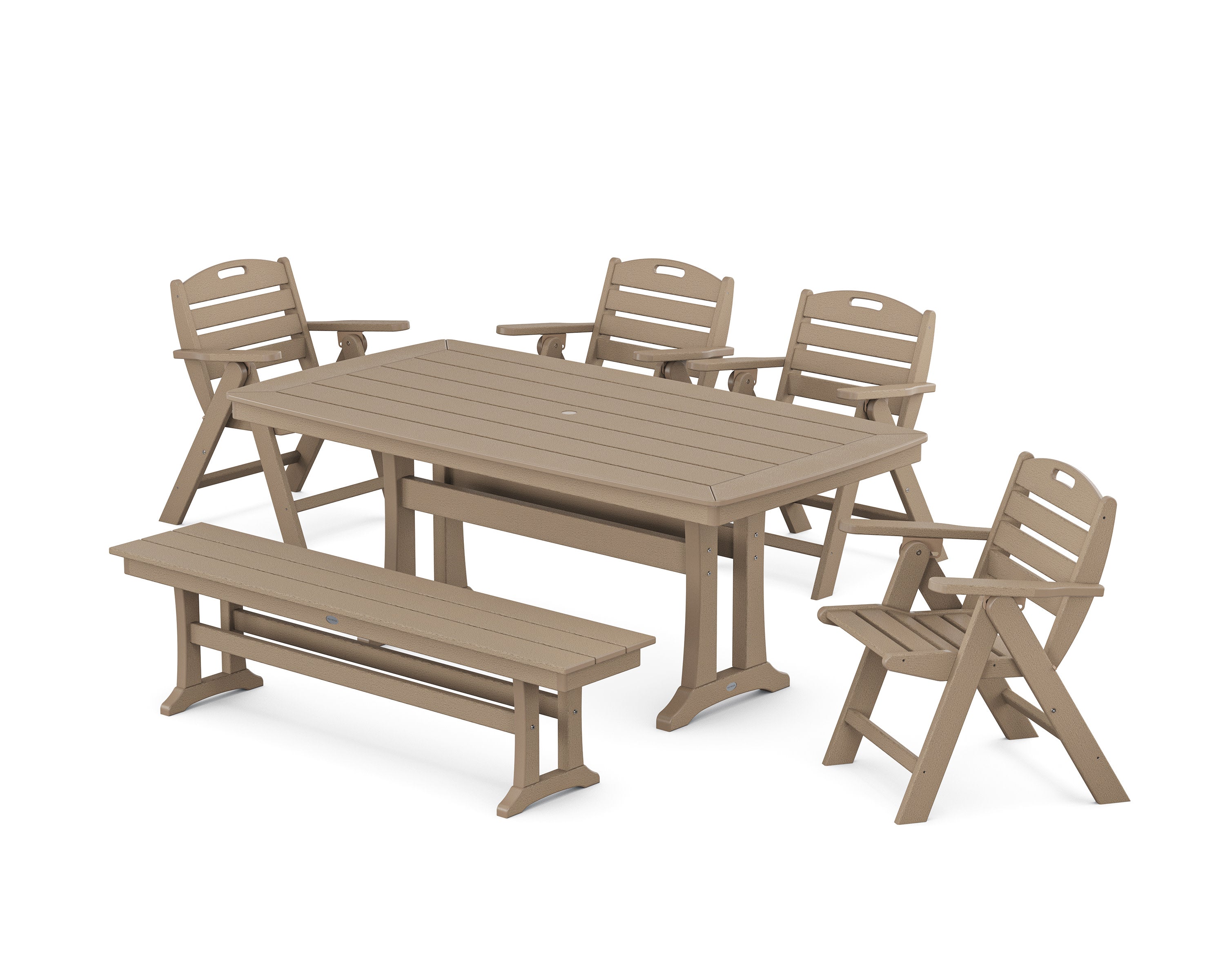 Nautical Lowback 6-Piece Dining Set with Trestle Legs and Bench in Vintage Sahara