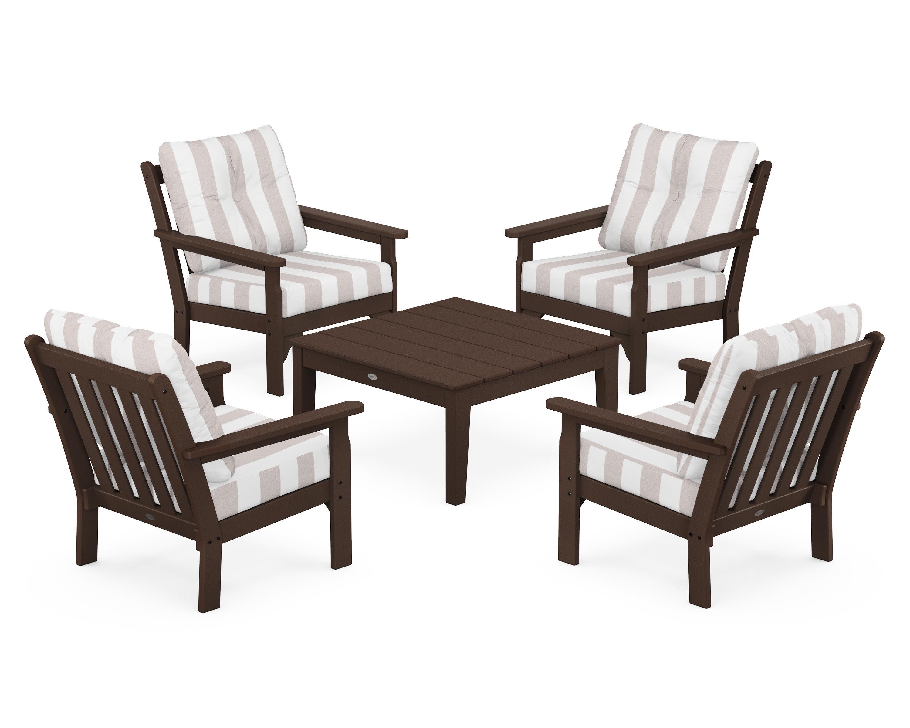 Vineyard 5-Piece Deep Seating Conversation Set in Mahogany / Cabana Stripe Dune Burlap