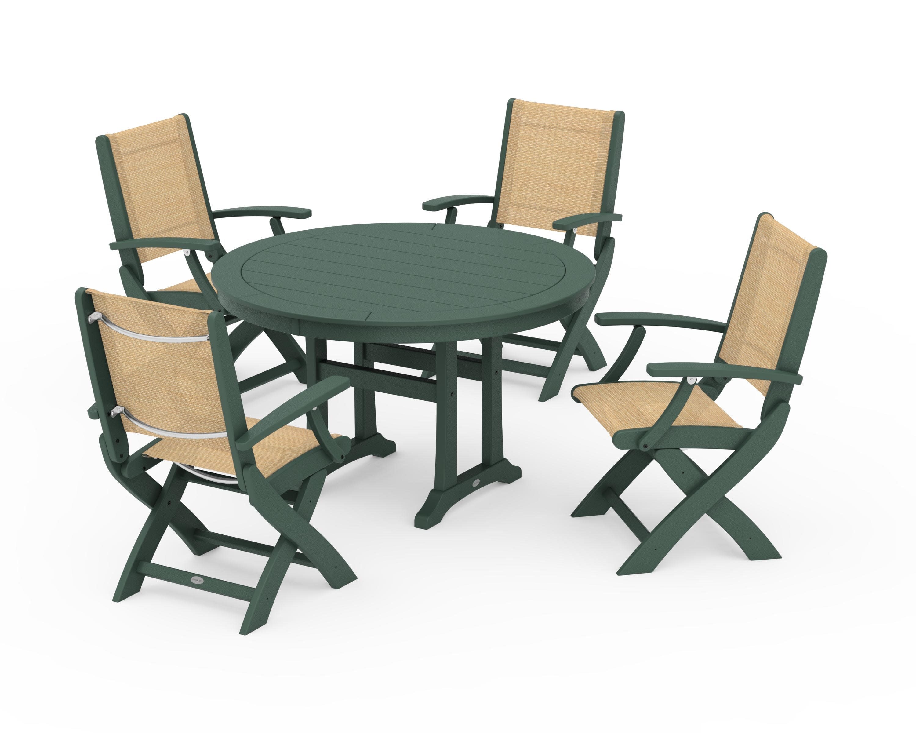 Coastal Folding Chair 5-Piece Round Dining Set with Trestle Legs in Green / Dupioni Apricot Sling