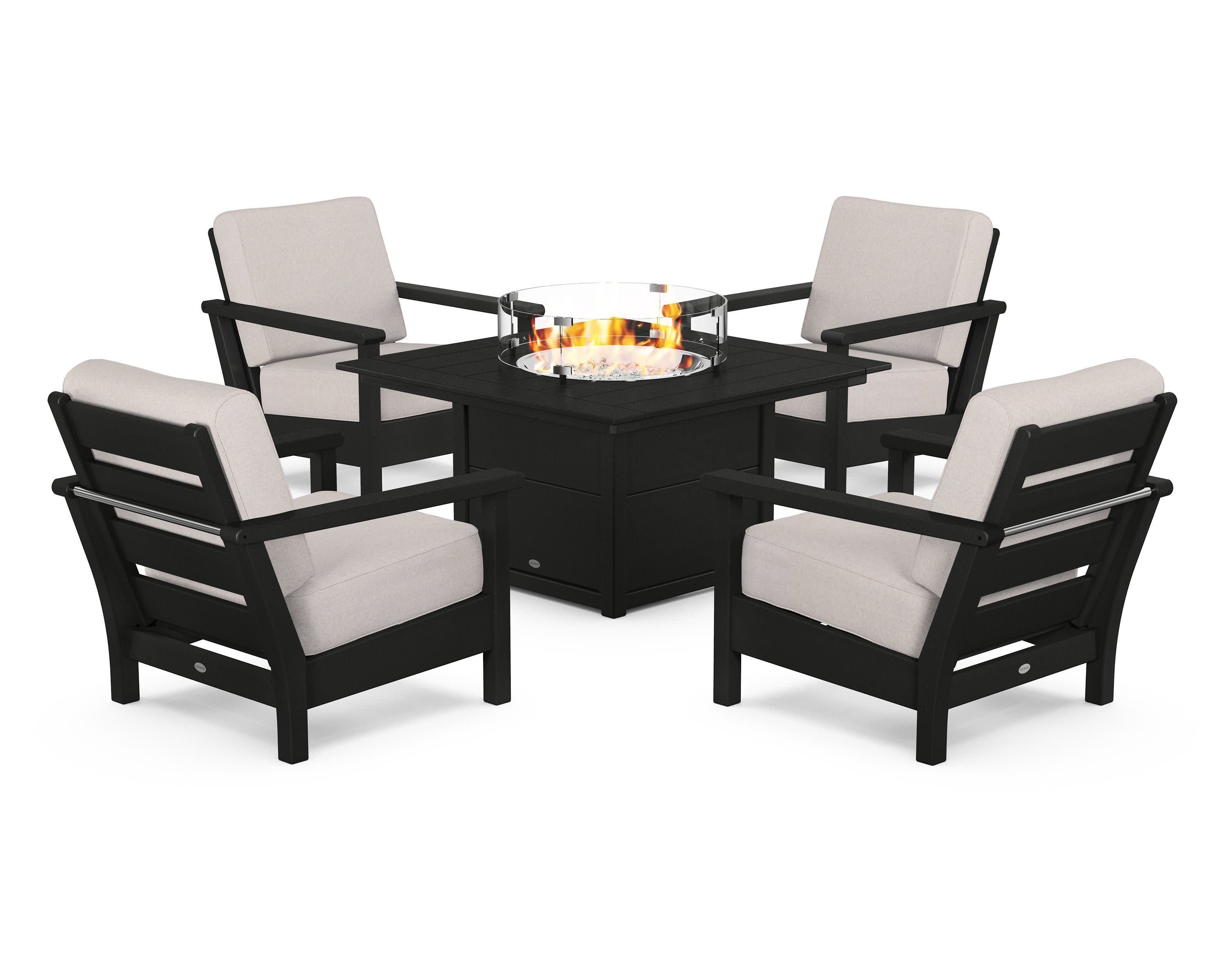 Harbour 5-Piece Conversation Set with Fire Pit Table in Black / Dune Burlap