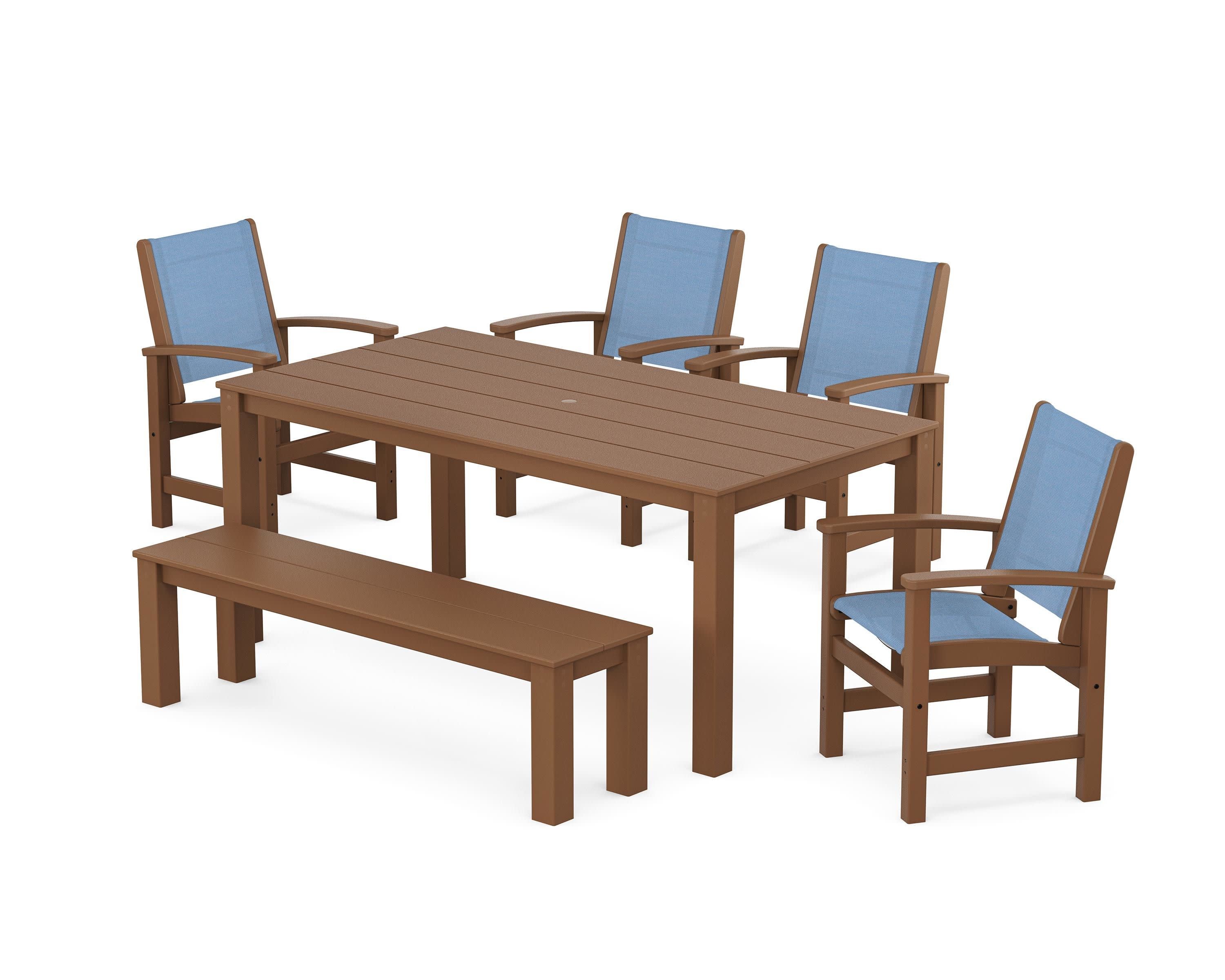 Coastal 6-Piece Parsons Dining Set with Bench in Teak / Poolside Sling