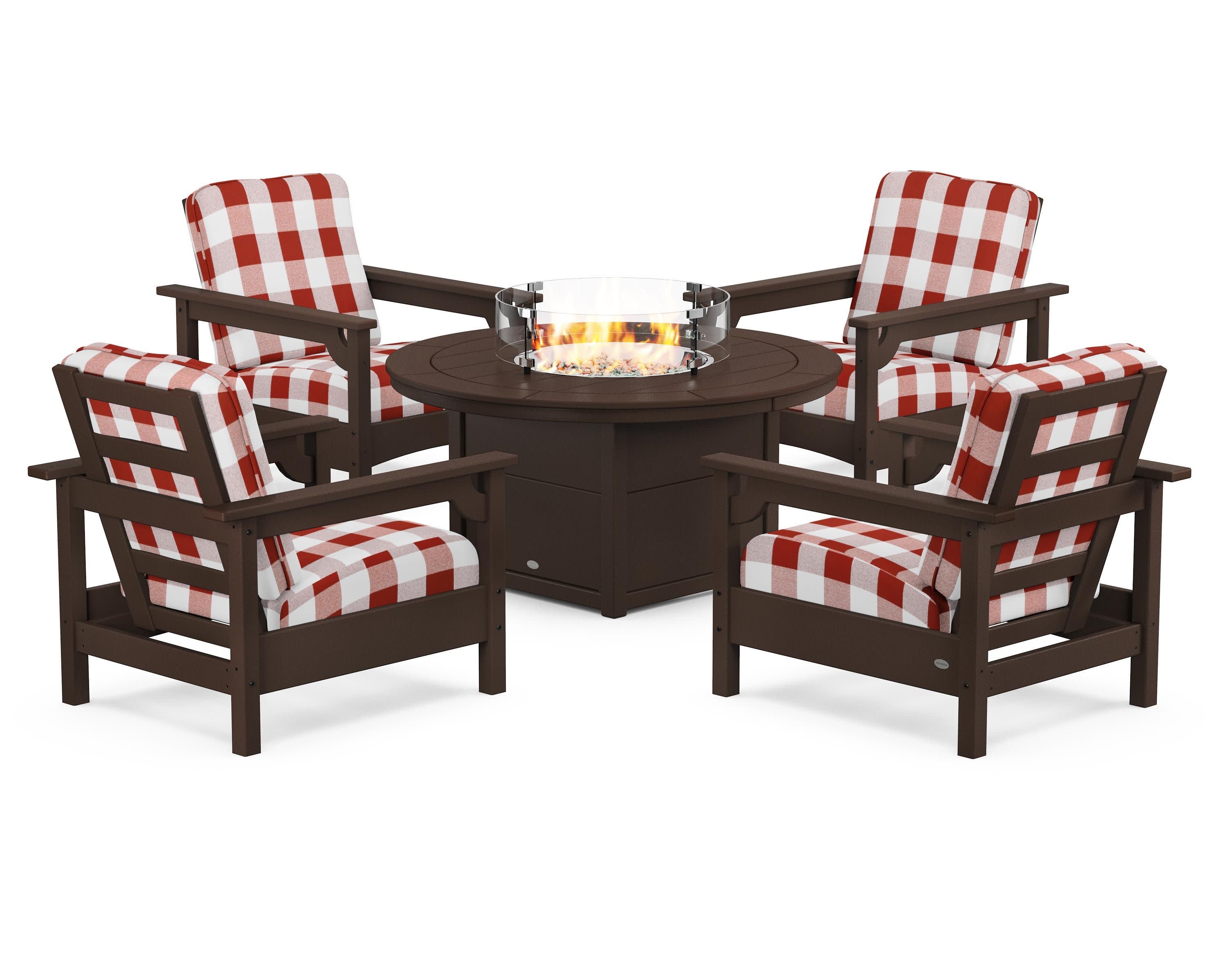 Club 5-Piece Conversation Set with Fire Pit Table in Mahogany / Buffalo Plaid Crimson