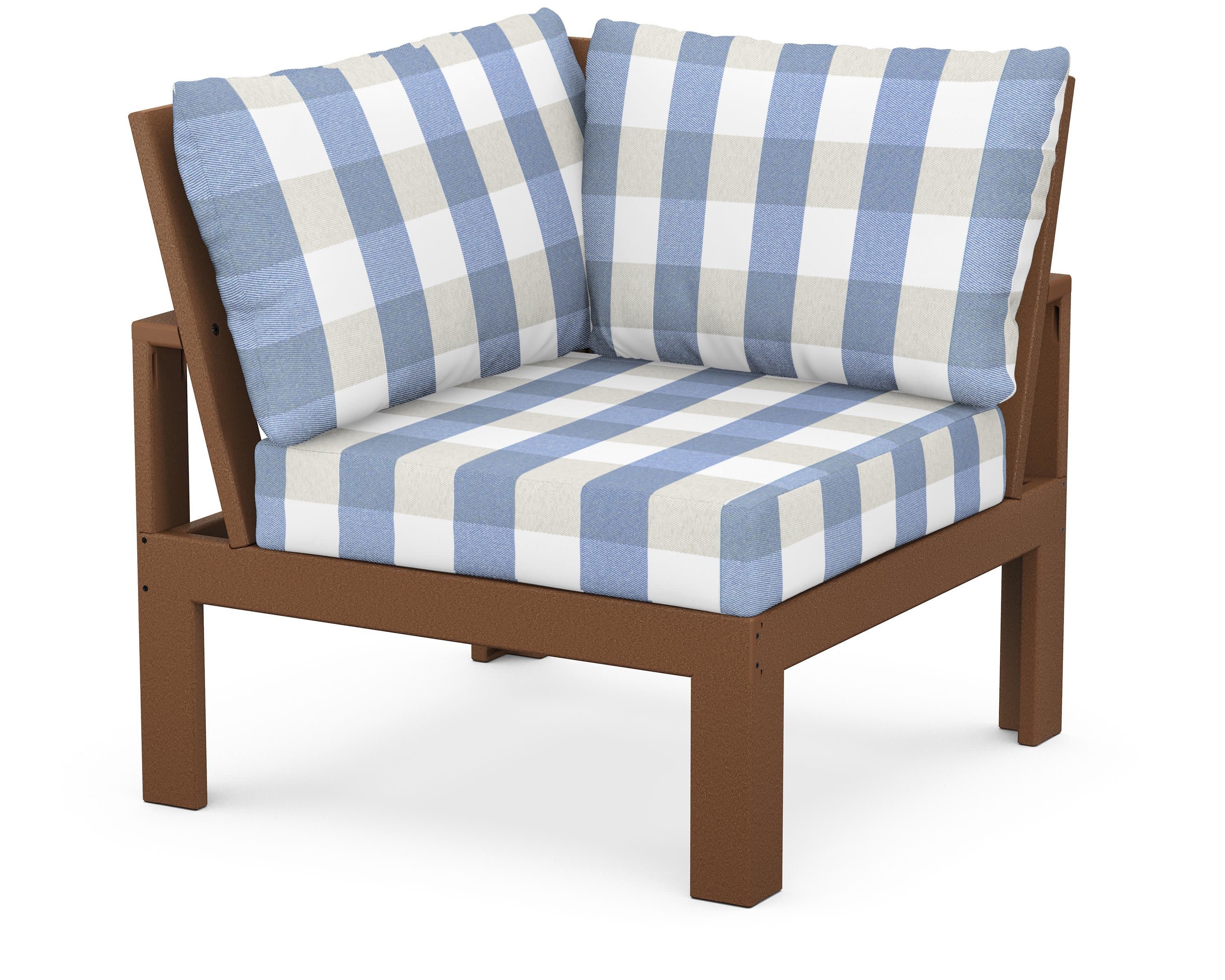 Modular Corner Chair in Teak / Buffalo Plaid Sky Blue