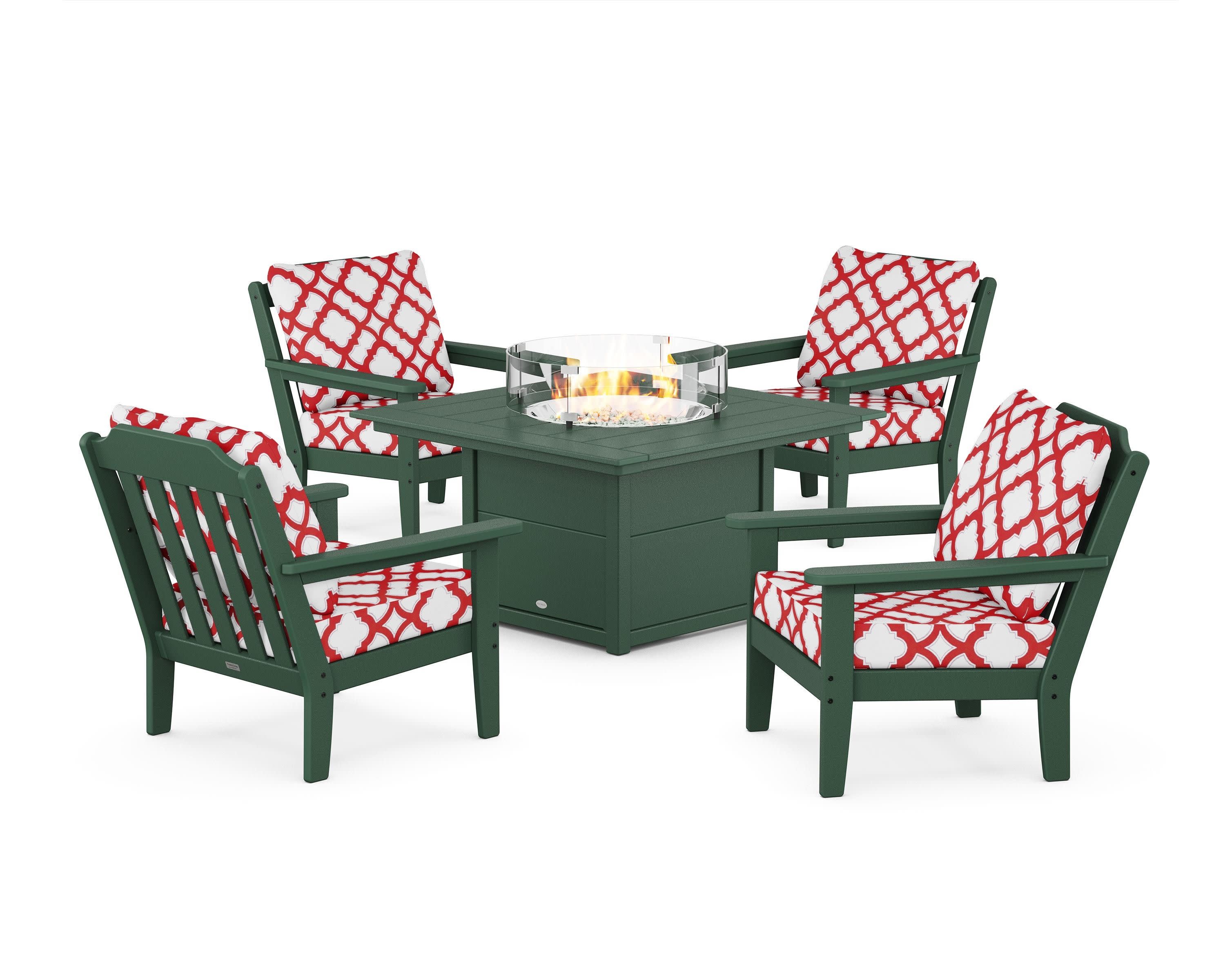Cottage 5-Piece Deep Seating Set with Fire Pit Table in Green / Trellis Crimson