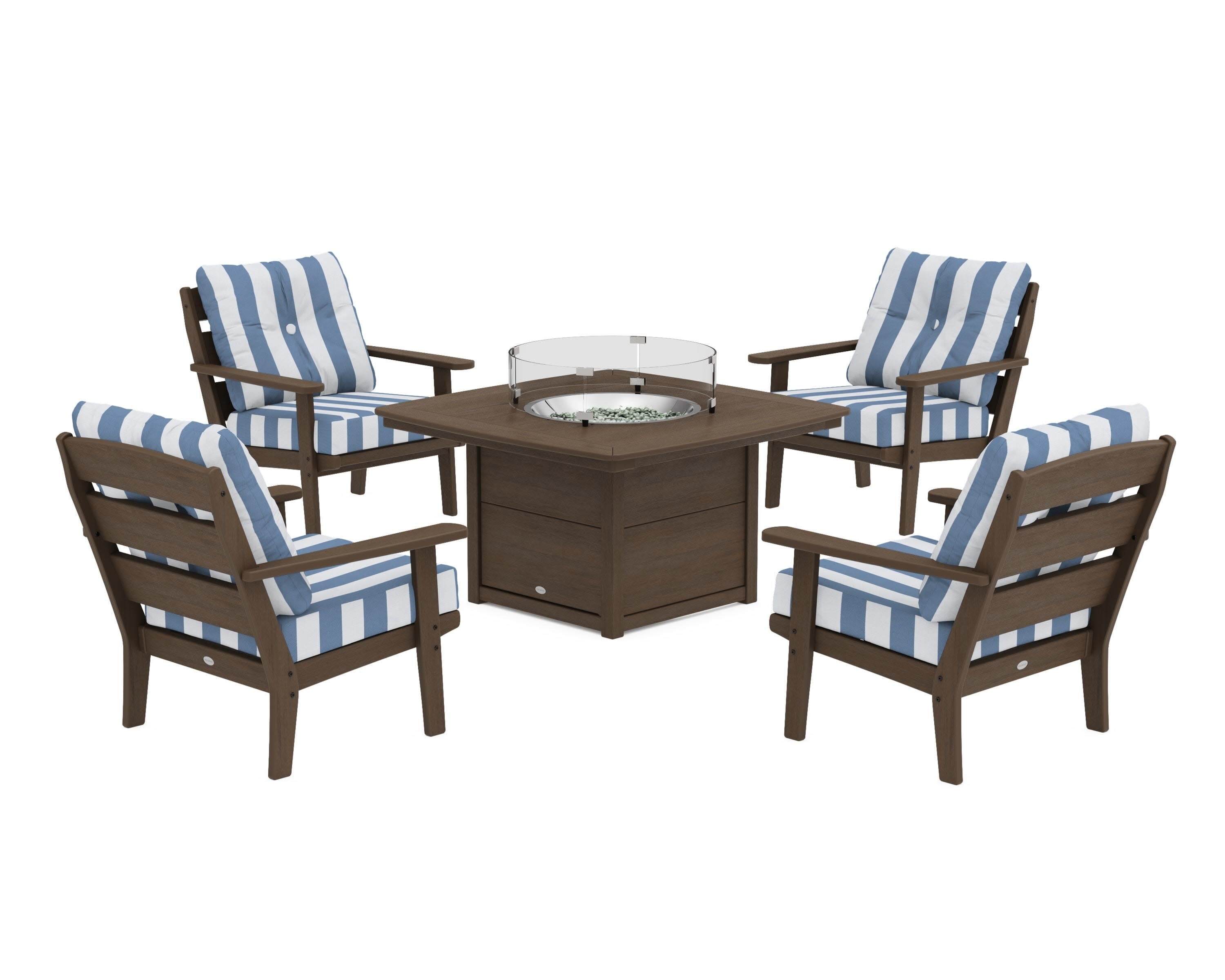 Lakeside 5-Piece Deep Seating Set with Nautical Fire Pit Table in Kona / Cabana Stripe Sky Blue