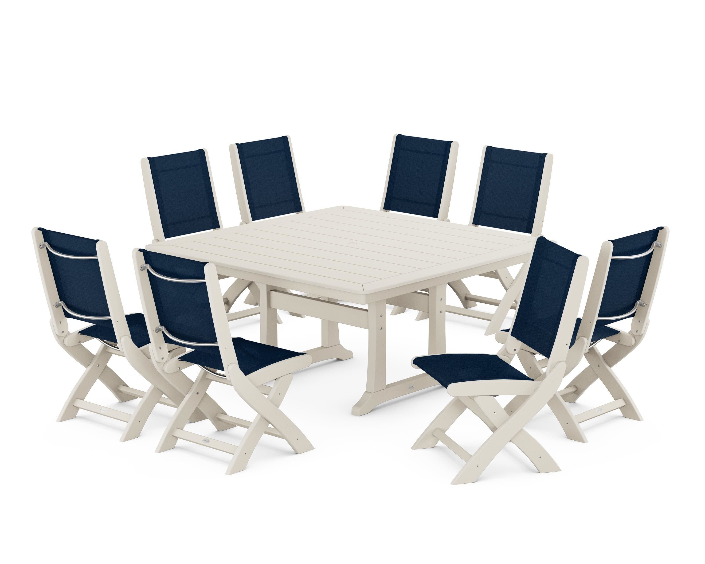 Coastal Folding Side Chair 9-Piece Dining Set with Trestle Legs in Sand / Navy Blue Sling