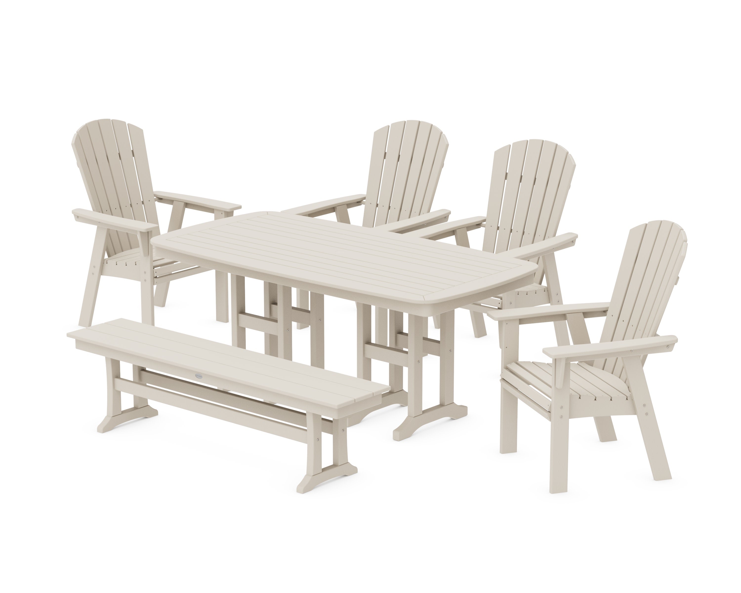 Nautical Curveback Adirondack 6-Piece Dining Set with Bench in Sand