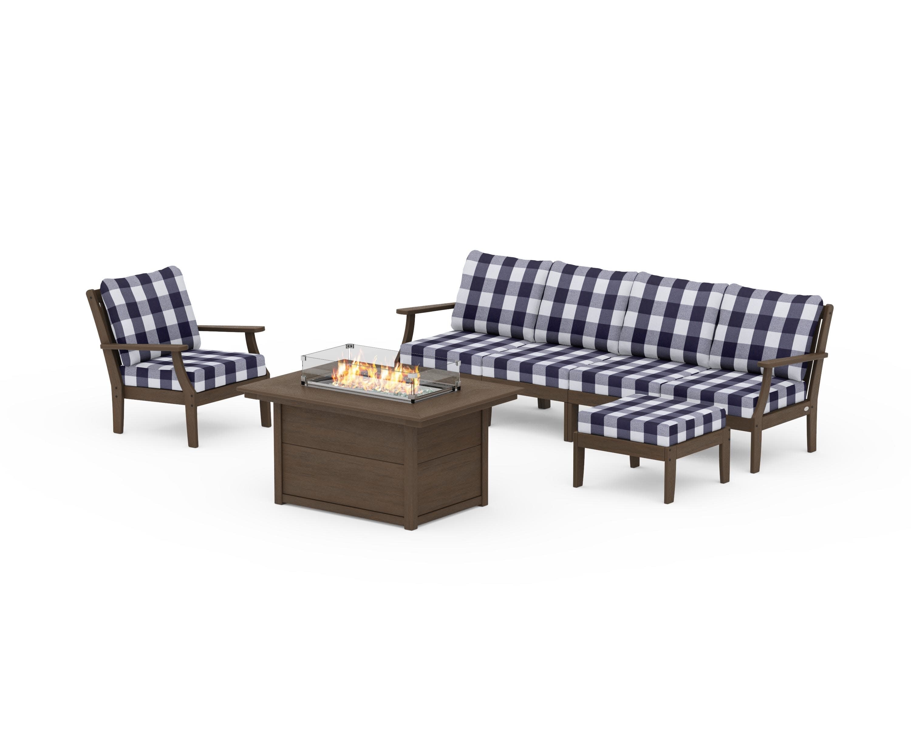 Braxton Sectional Lounge and Fire Pit Set in Kona / Buffalo Plaid Navy