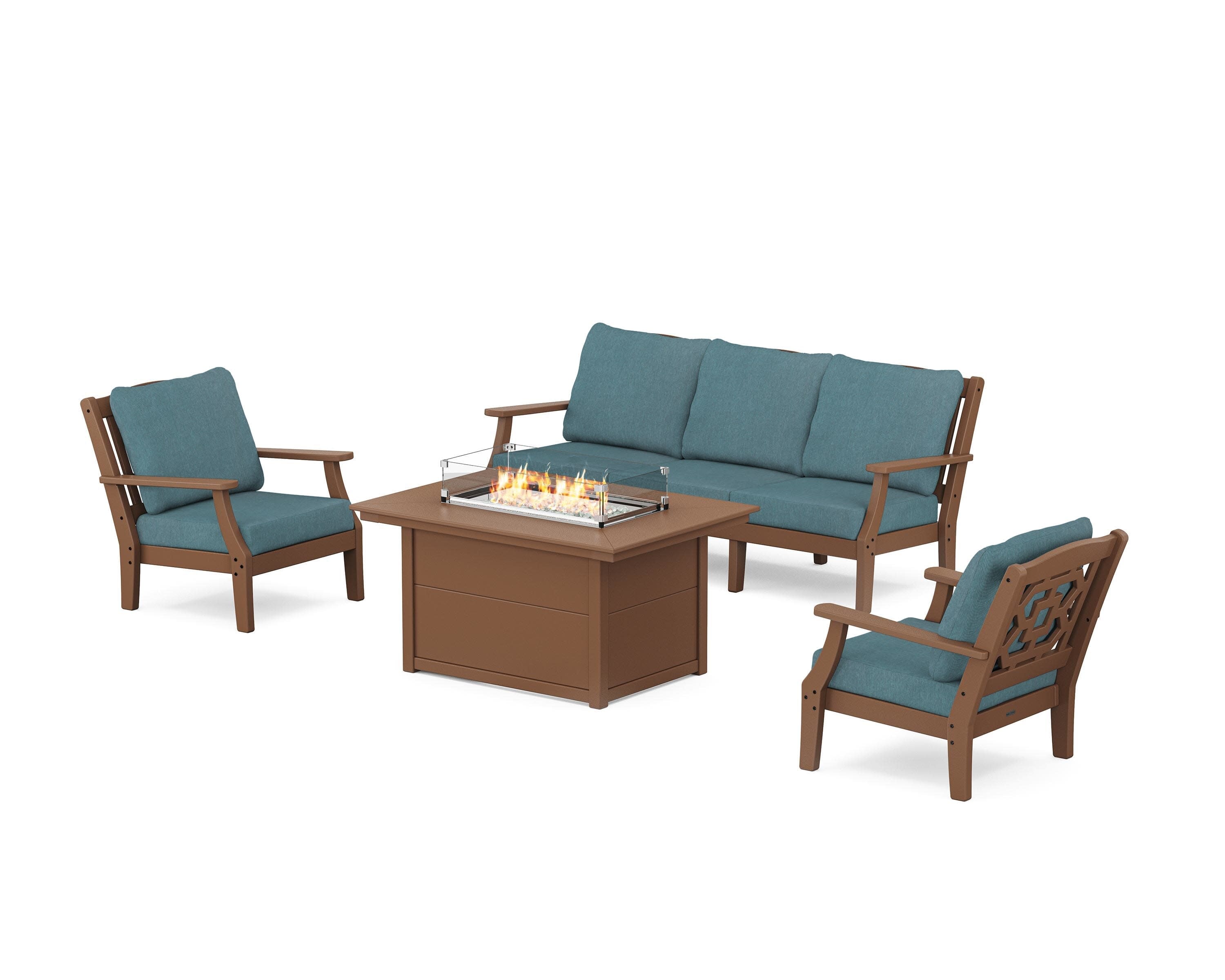 Chinoiserie Deep Seating Fire Pit Table Set in Teak / Ocean Teal