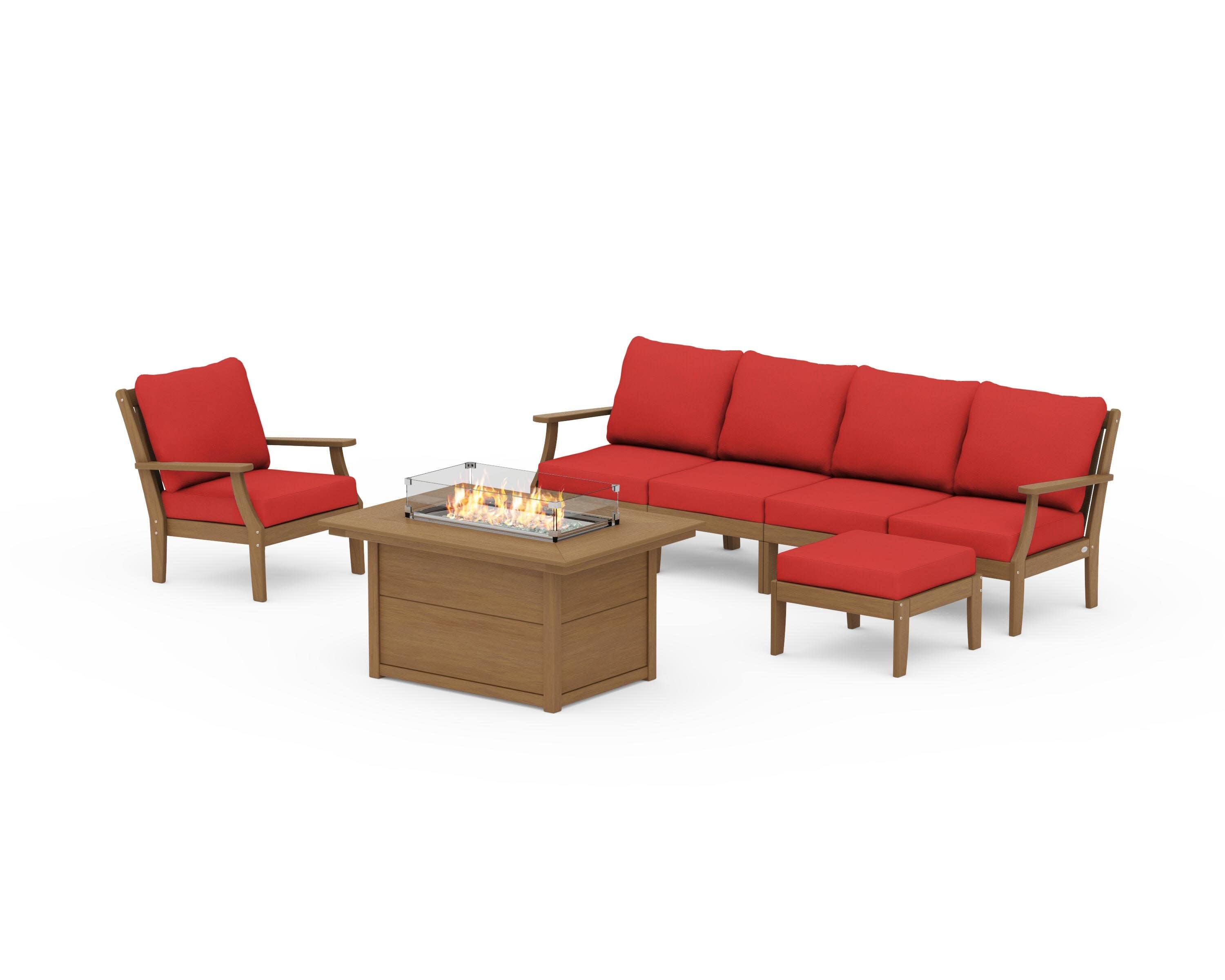 Braxton Sectional Lounge and Fire Pit Set in Natural / Crimson Linen