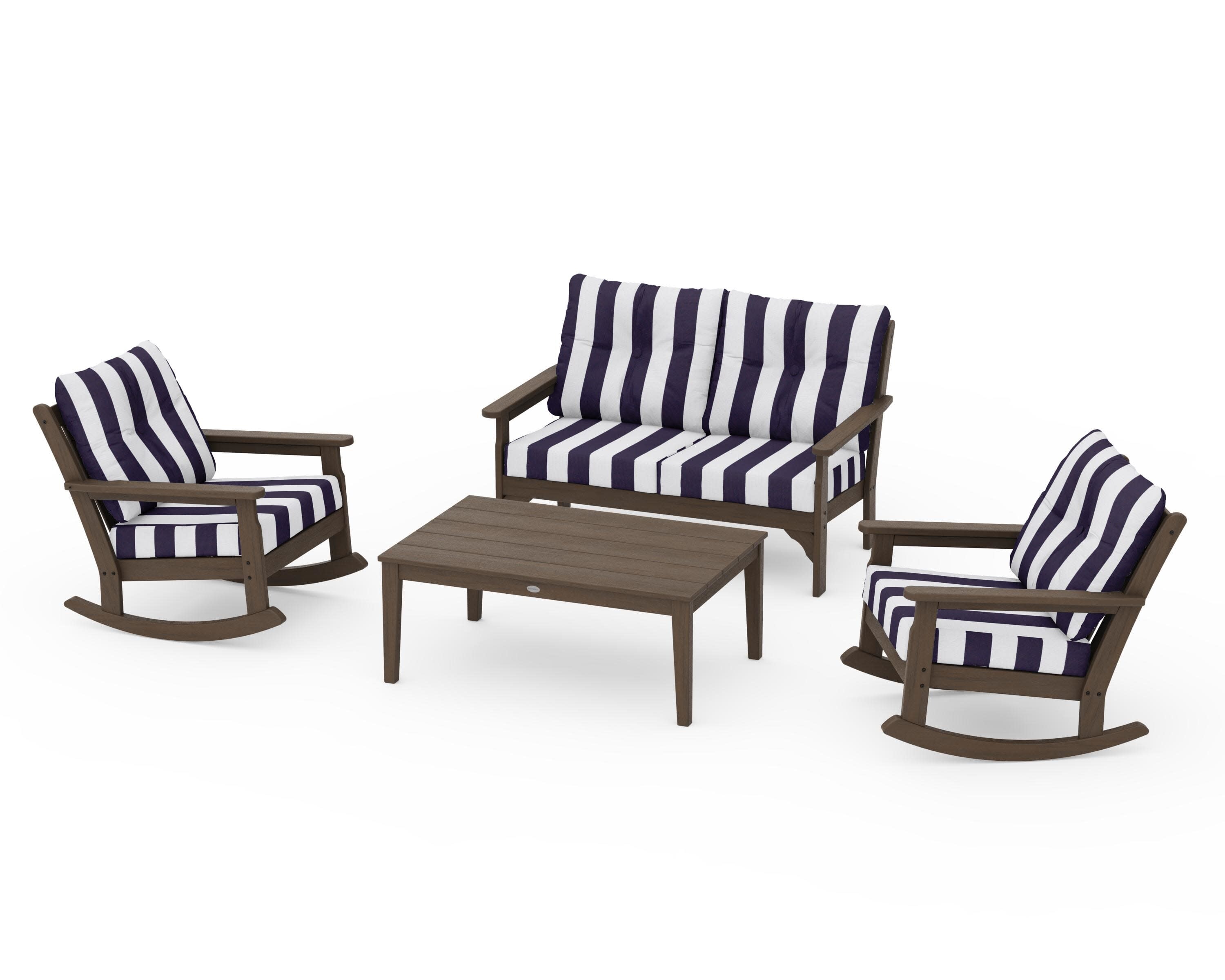 Vineyard 4-Piece Deep Seating Rocking Chair Set in Kona / Cabana Stripe Navy