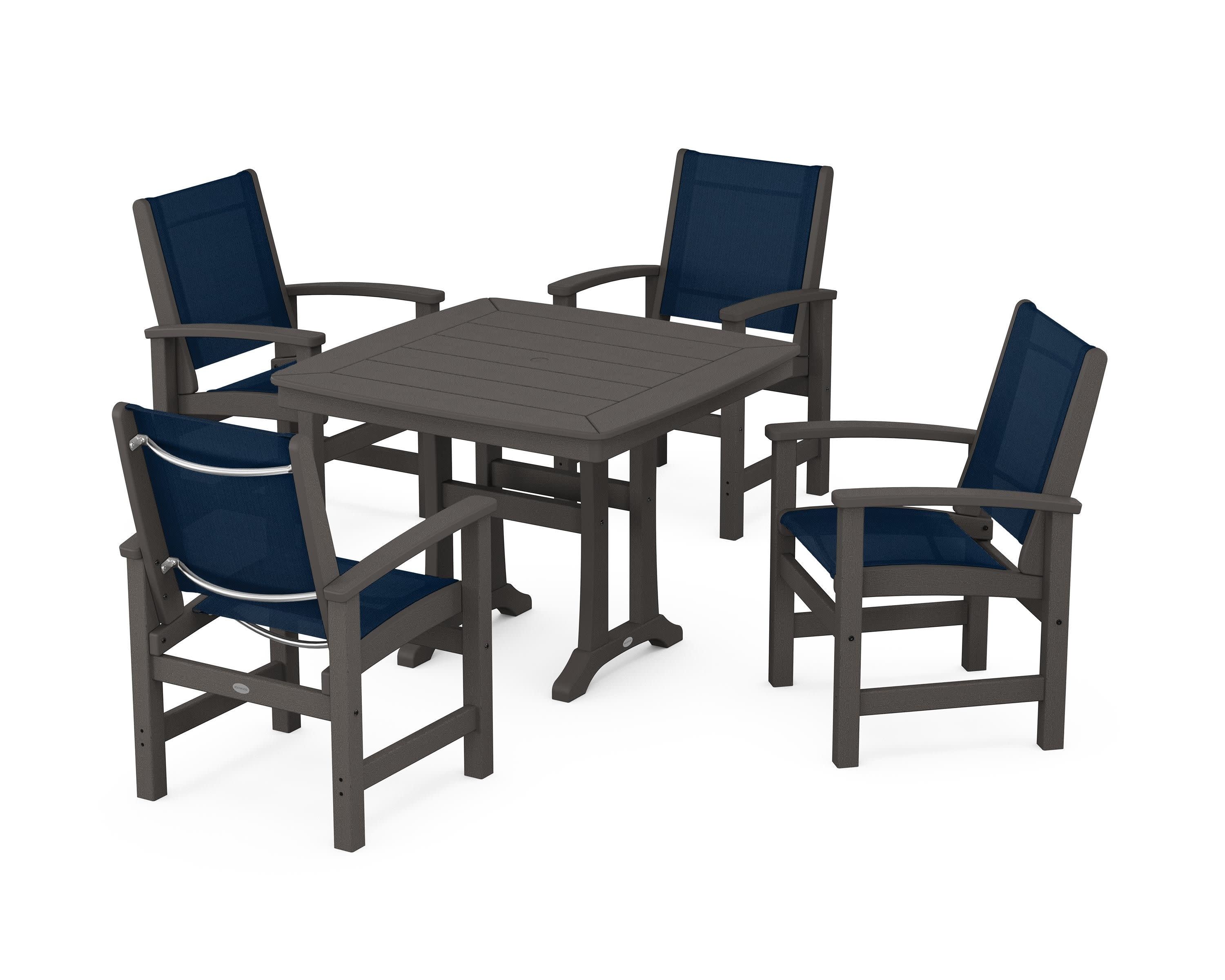 Coastal 5-Piece Dining Set with Trestle Legs in Vintage Coffee / Navy Blue Sling