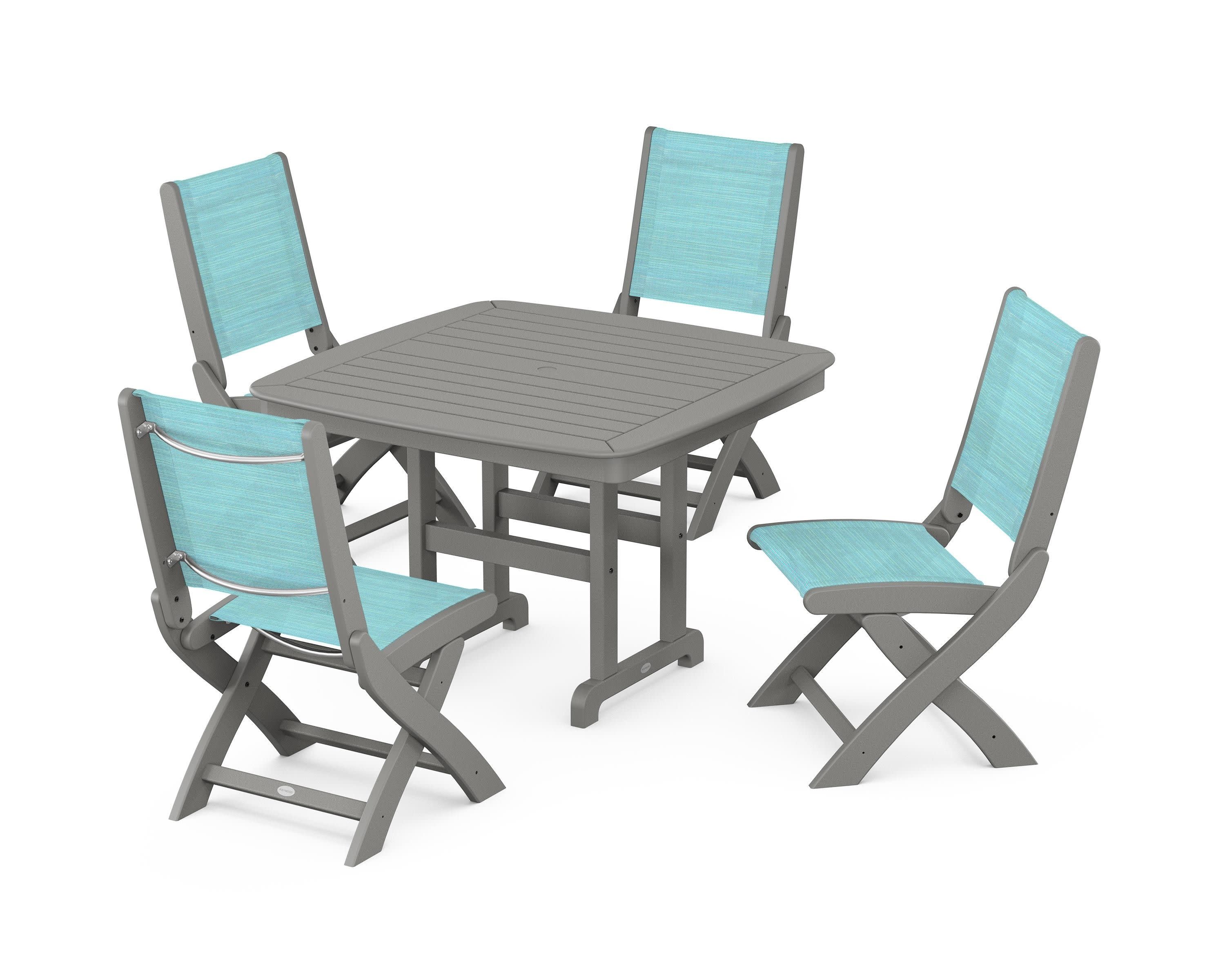 Coastal Folding Side Chair 5-Piece Dining Set in Slate Grey / Dupioni Aquamarine Sling
