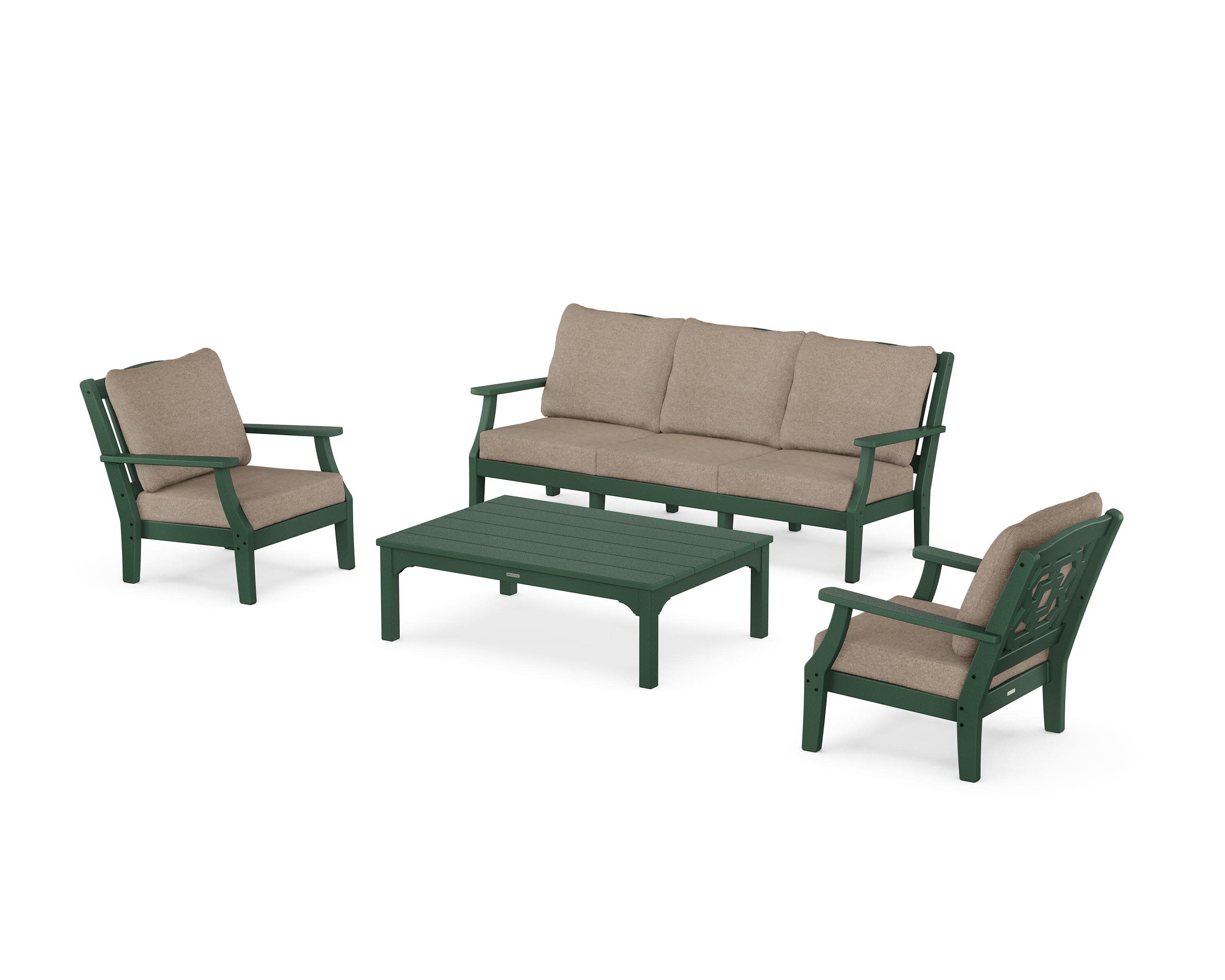 Chinoiserie 4-Piece Deep Seating Set with Sofa in Green / Spiced Burlap