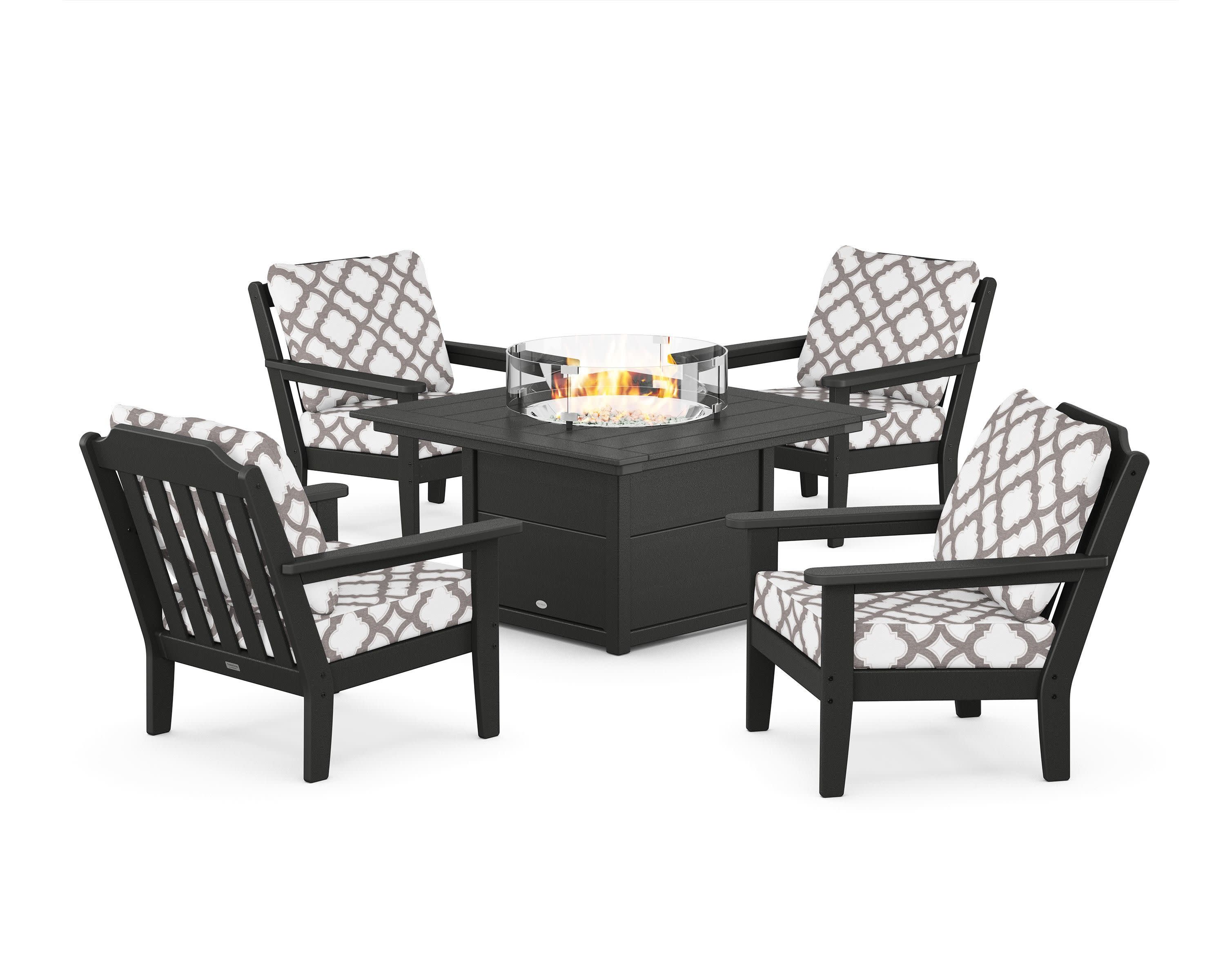Cottage 5-Piece Deep Seating Set with Fire Pit Table in Black / Trellis Grey Mist