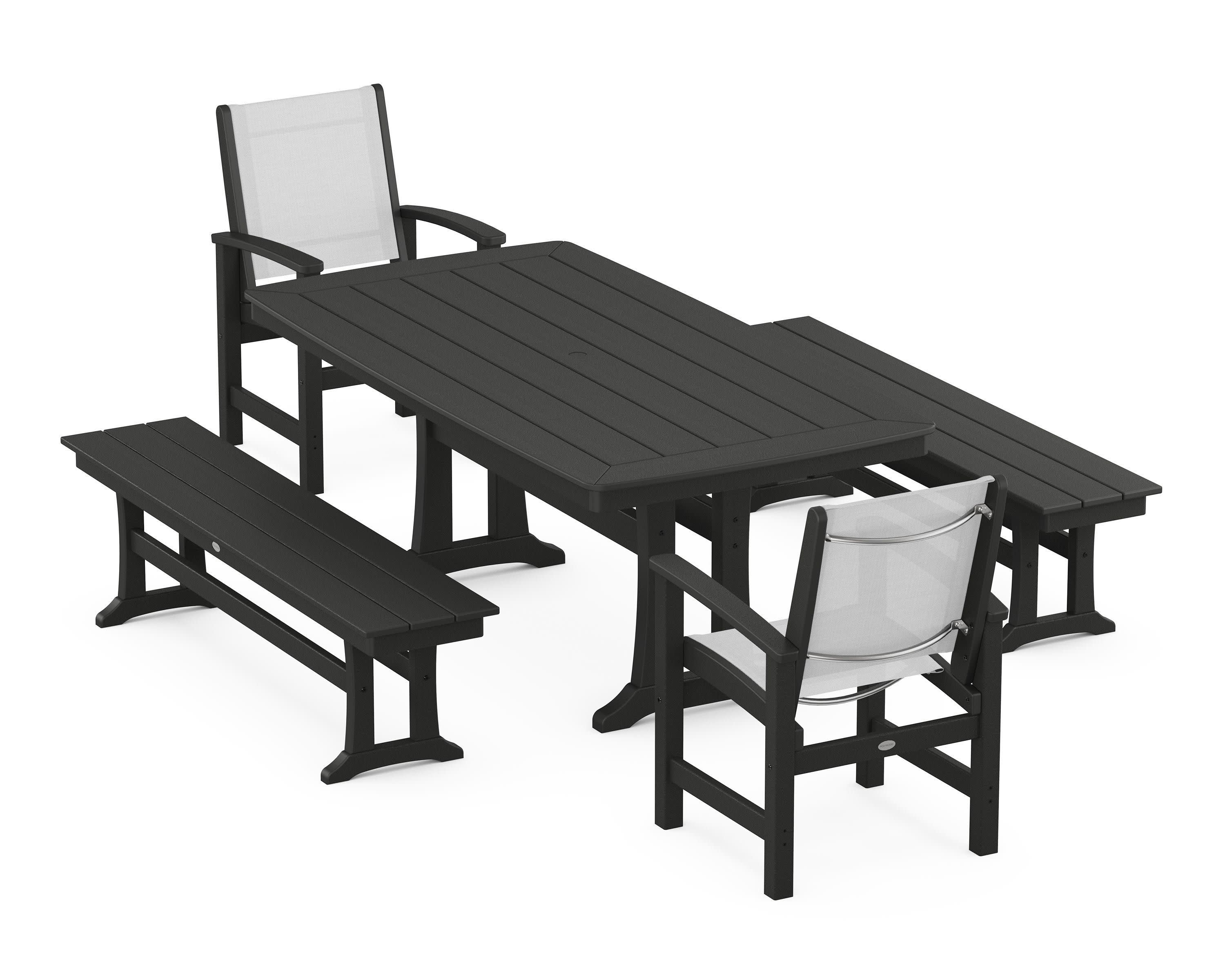 Coastal 5-Piece Dining Set with Trestle Legs and Benches in Black / White Sling