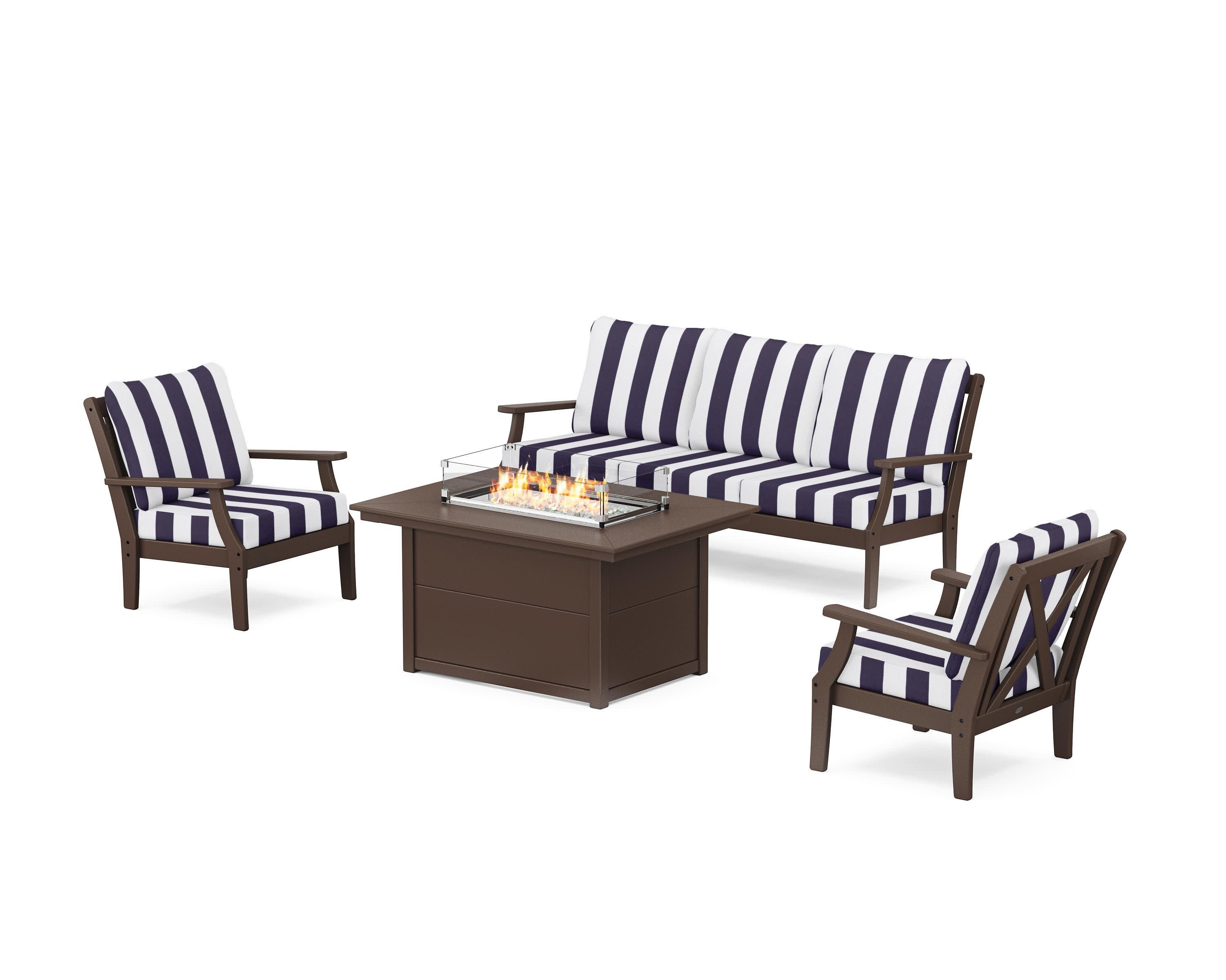 Braxton Deep Seating Fire Pit Table Set in Mahogany / Cabana Stripe Navy