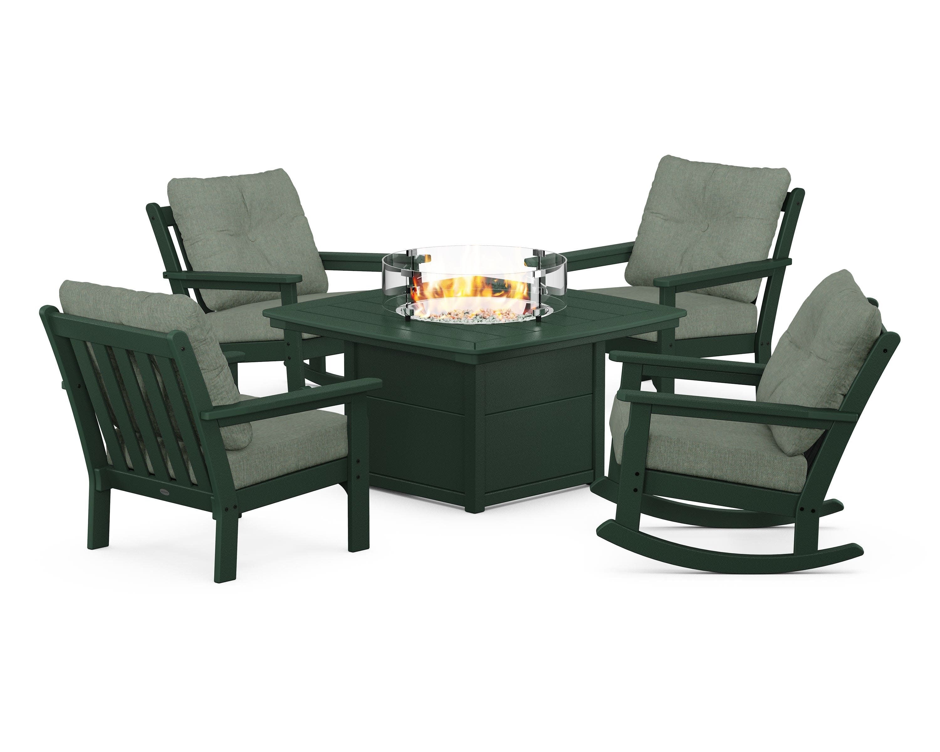 Vineyard 5-Piece Deep Seating Rocking Chair Conversation Set with Fire Pit Table in Green / Cast Sage