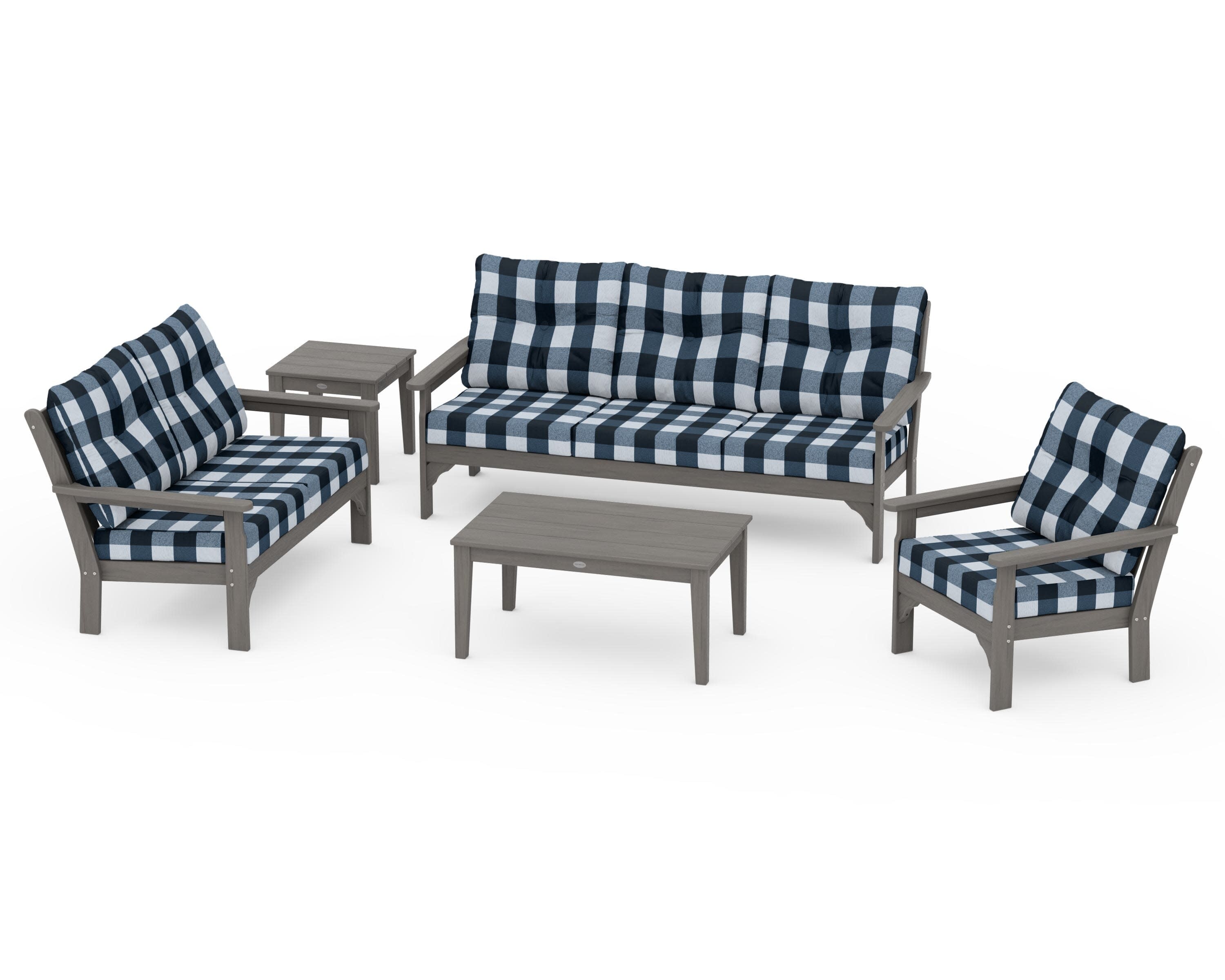Vineyard 5 Piece Deep Seating Set in Driftwood / Buffalo Plaid Marine Indigo