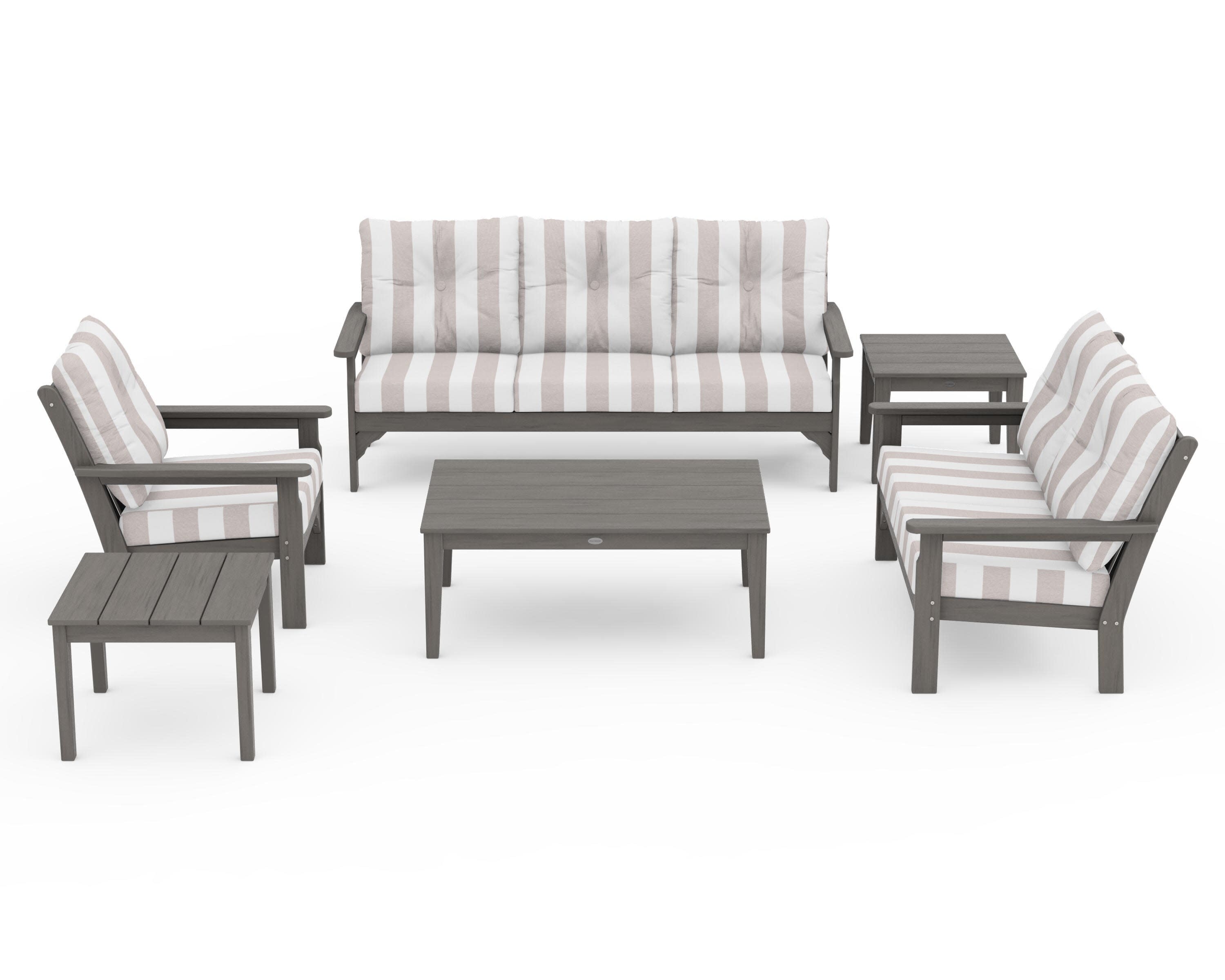 Vineyard 6-Piece Deep Seating Set in Driftwood / Cabana Stripe Dune Burlap