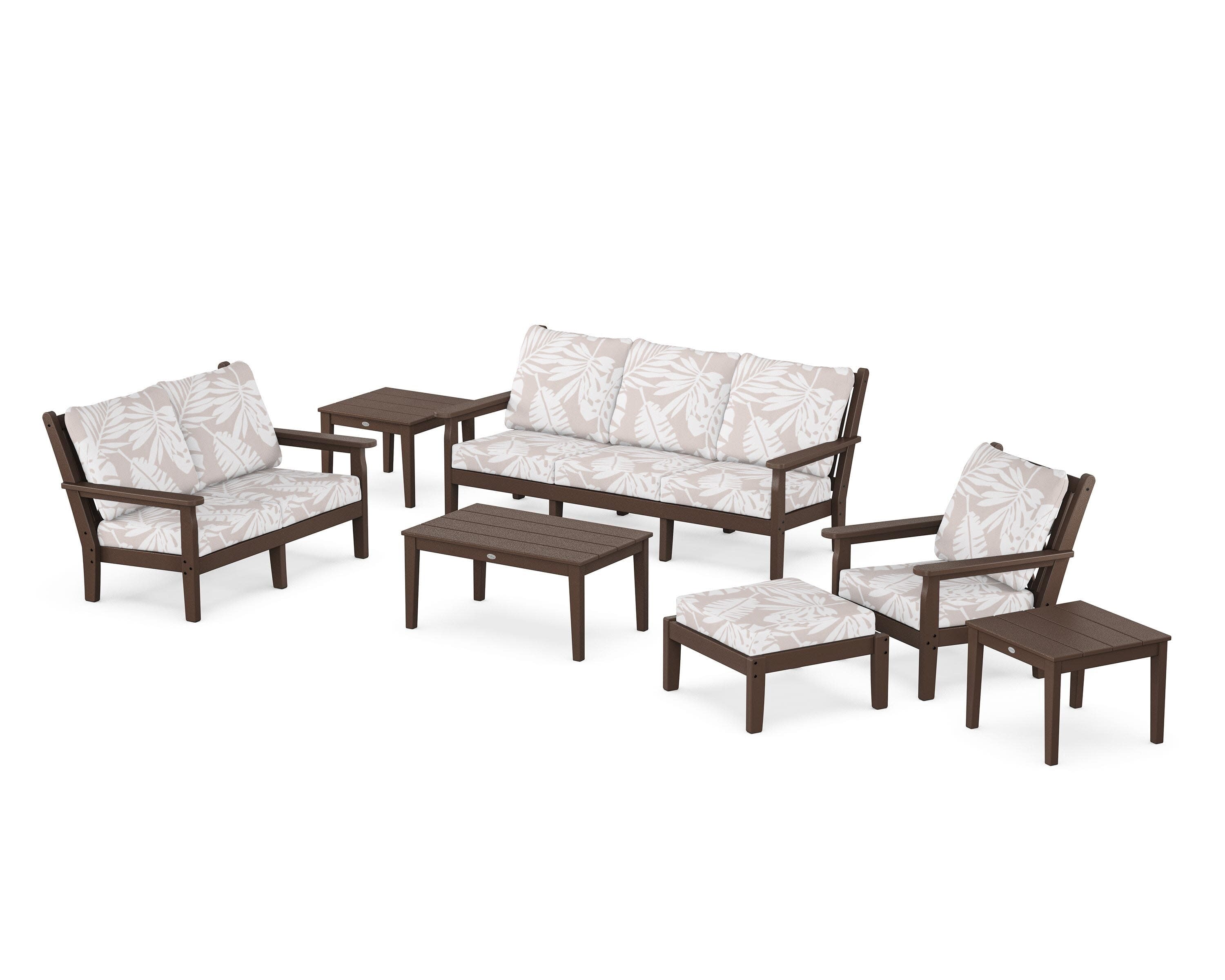 Chippendale 7-Piece Deep Seating Set in Mahogany / Leaf Dune Burlap