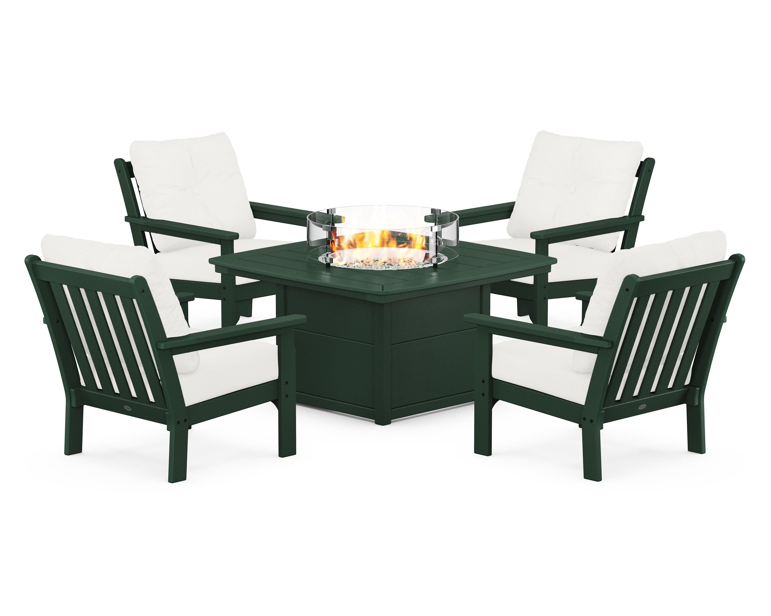 Vineyard 5-Piece Conversation Set with Fire Pit Table in Green / Natural Linen