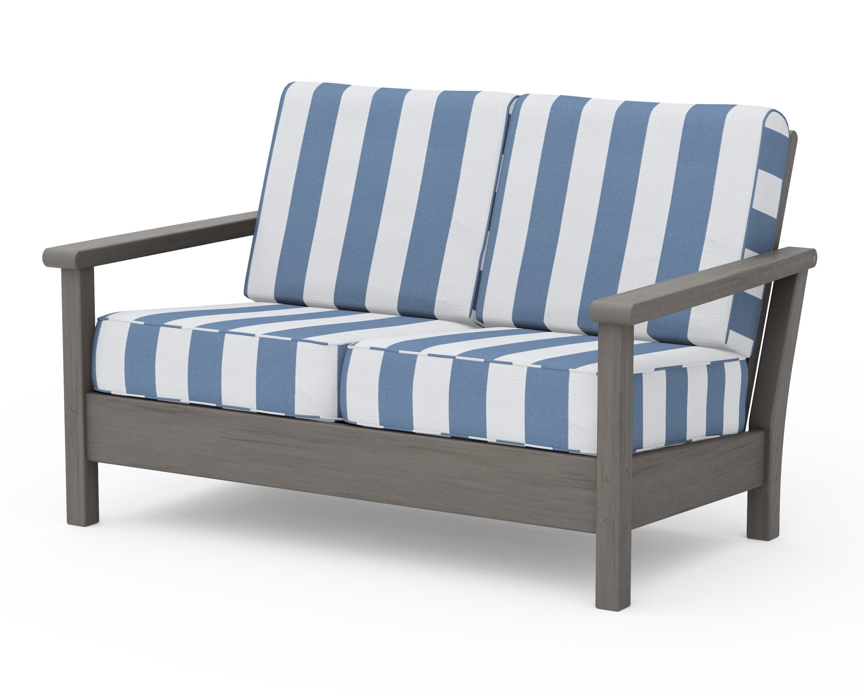 Harbour Deep Seating Loveseat in Driftwood / Cabana Stripe Sky Blue