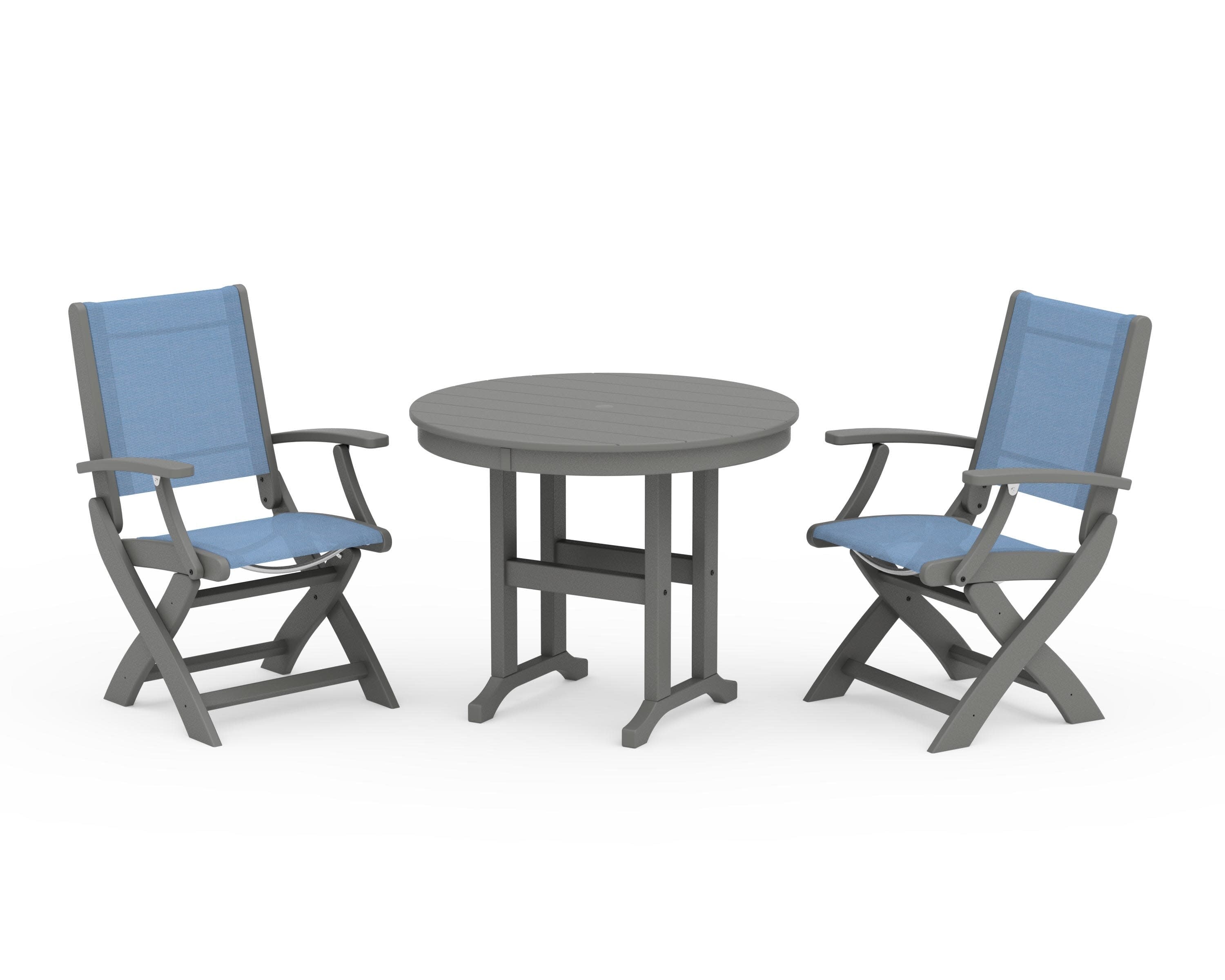 Coastal Folding Chair 3-Piece Round Dining Set in Slate Grey / Poolside Sling