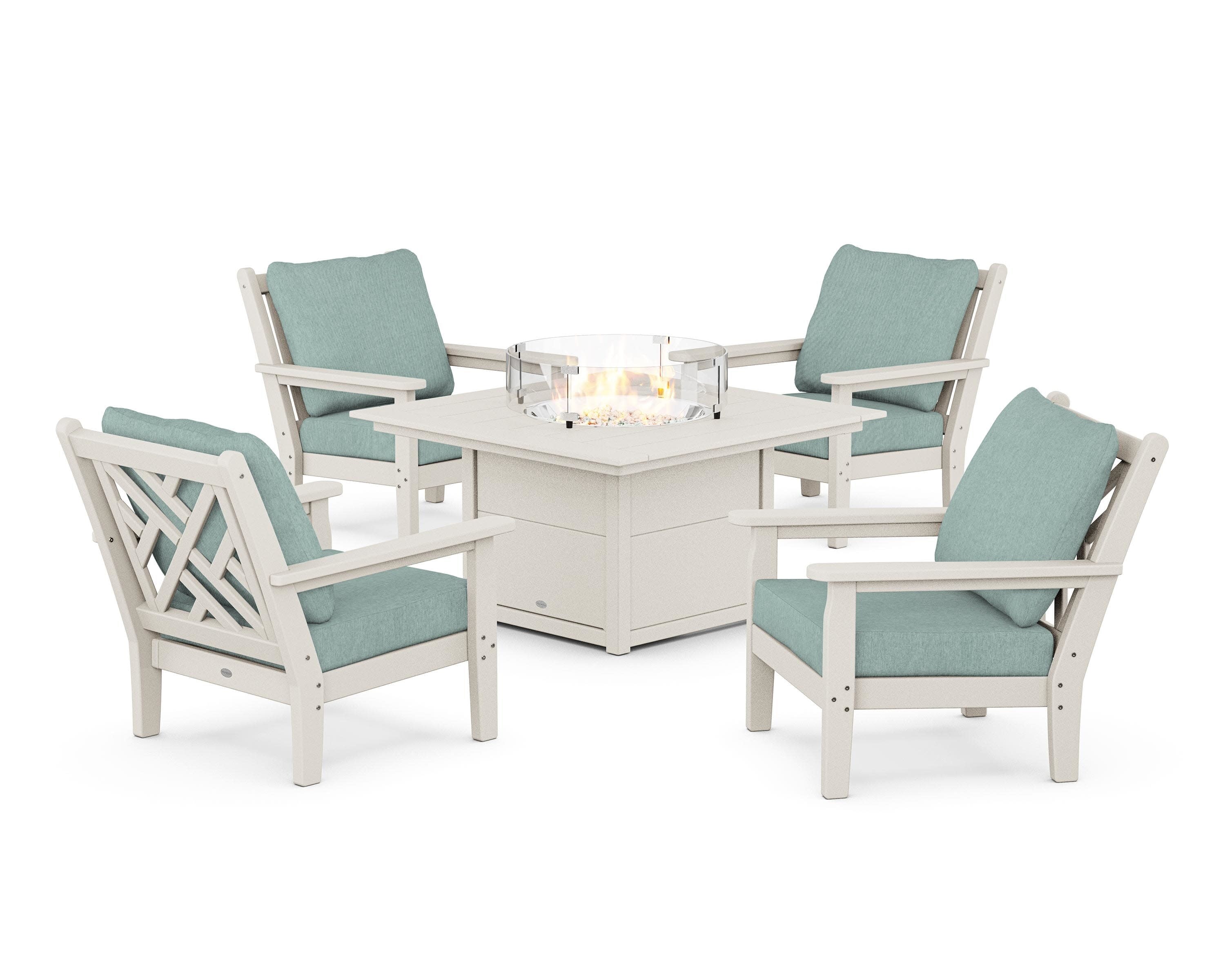 Chippendale 5-Piece Deep Seating Set with Fire Pit Table in Sand / Glacier Spa