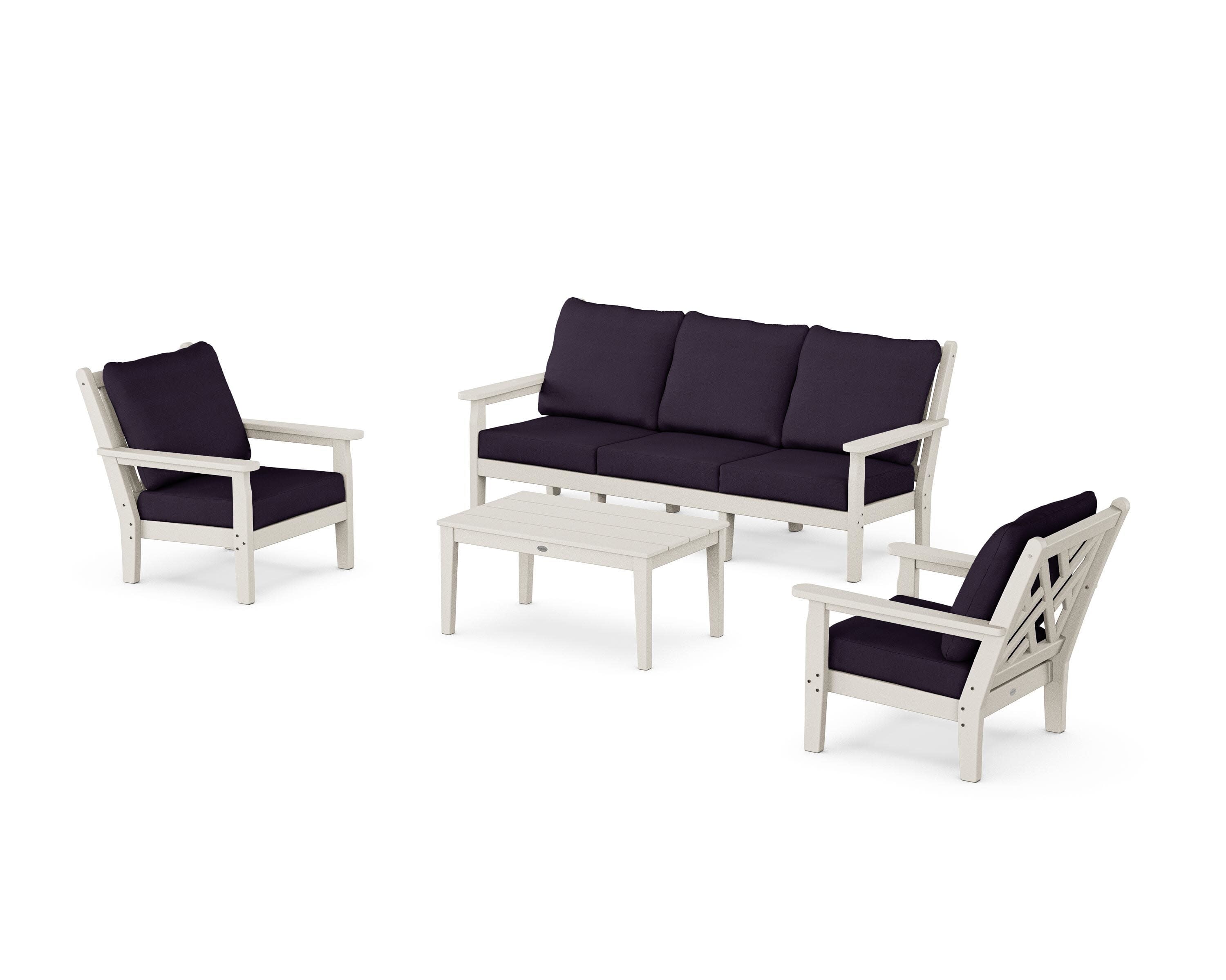 Chippendale 4-Piece Deep Seating Set with Sofa in Sand / Navy Linen