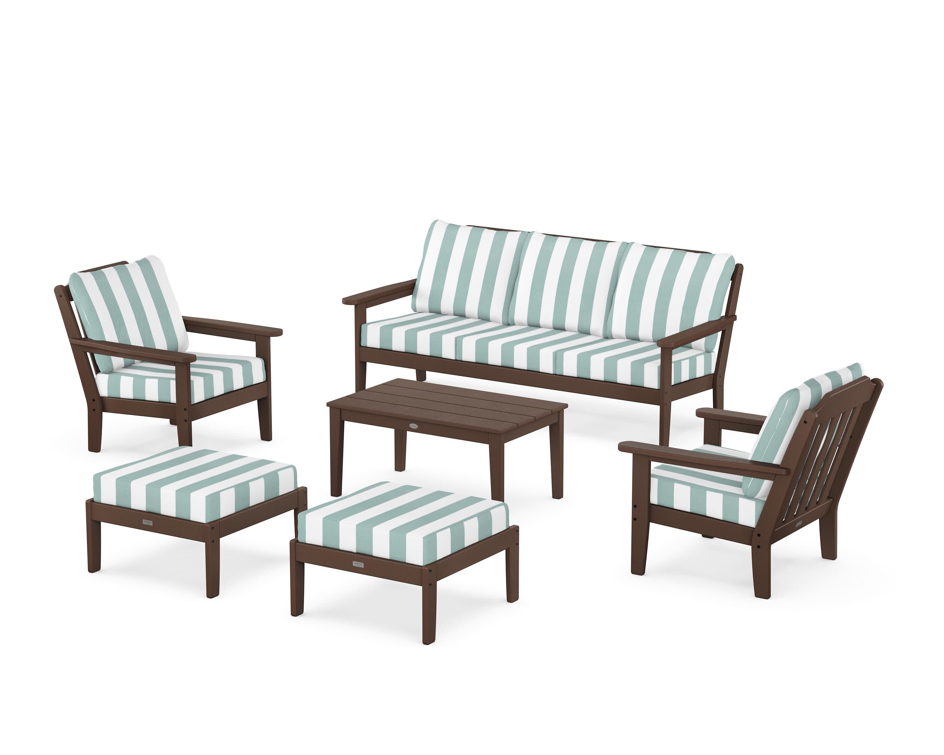 Cottage 6-Piece Lounge Sofa Set in Mahogany / Cabana Stripe Glacier Spa