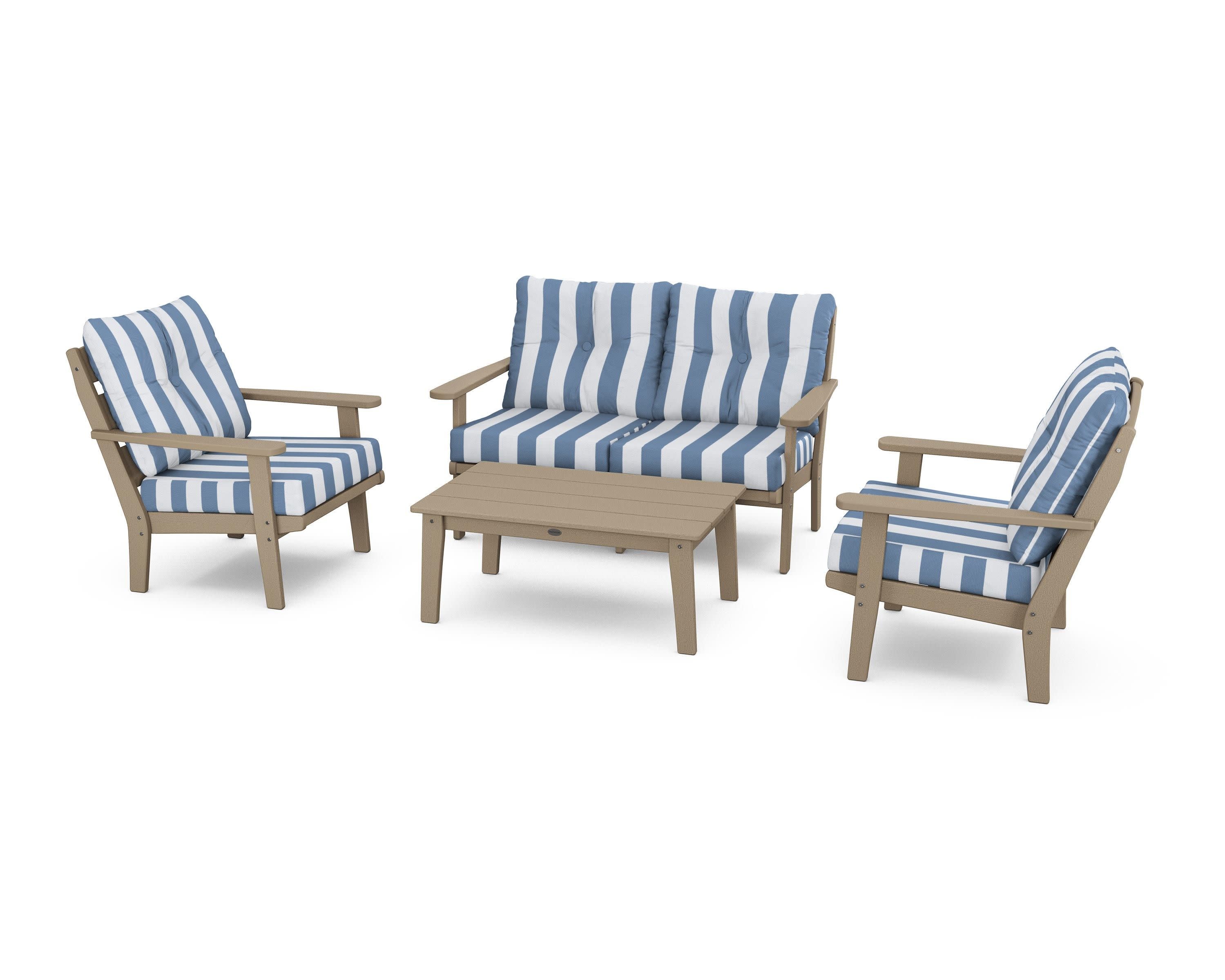 Lakeside 4-Piece Deep Seating Set in Vintage Sahara / Cabana Stripe Sky Blue
