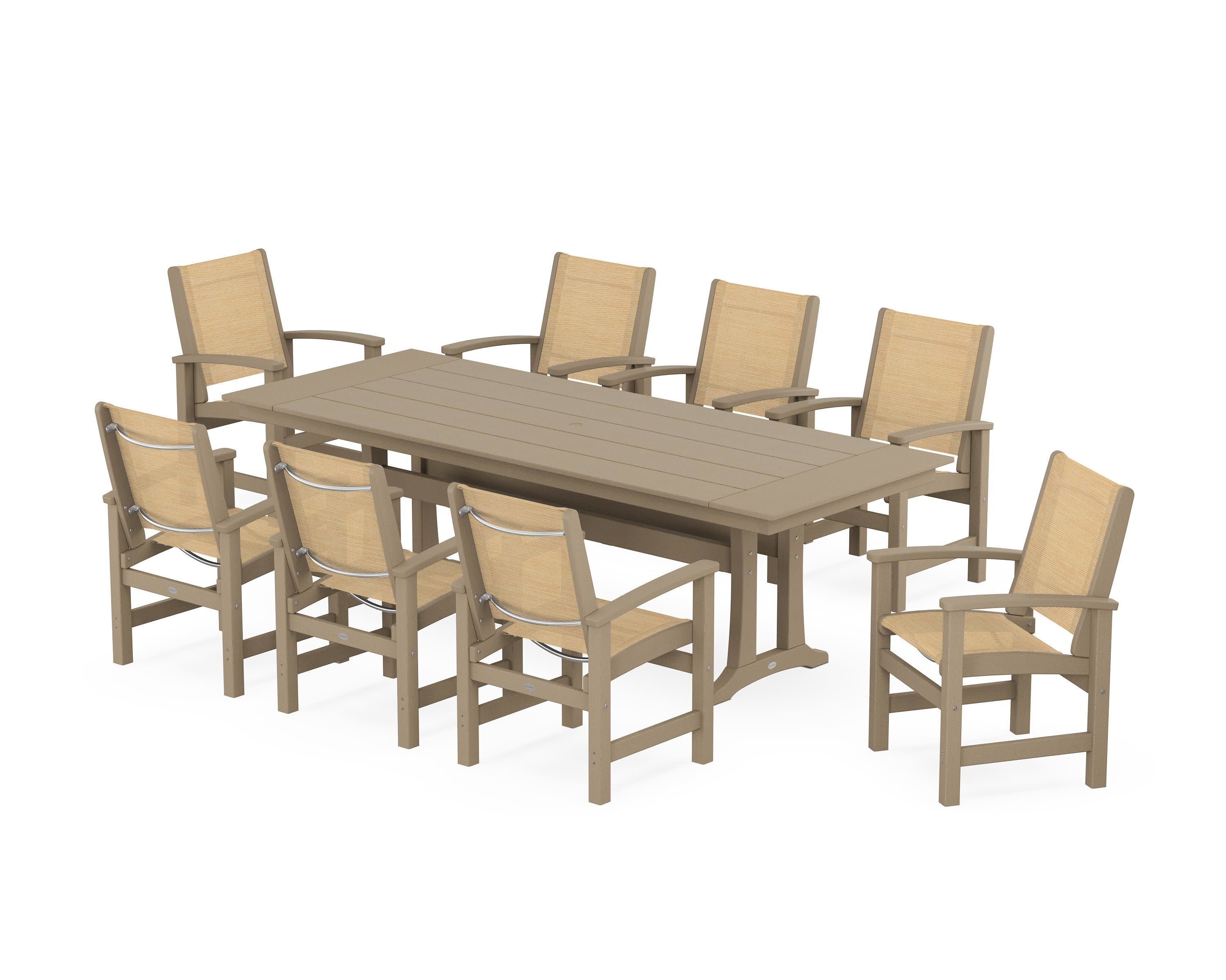 Coastal 9-Piece Farmhouse Dining Set with Trestle Legs in Vintage Sahara / Dupioni Apricot Sling