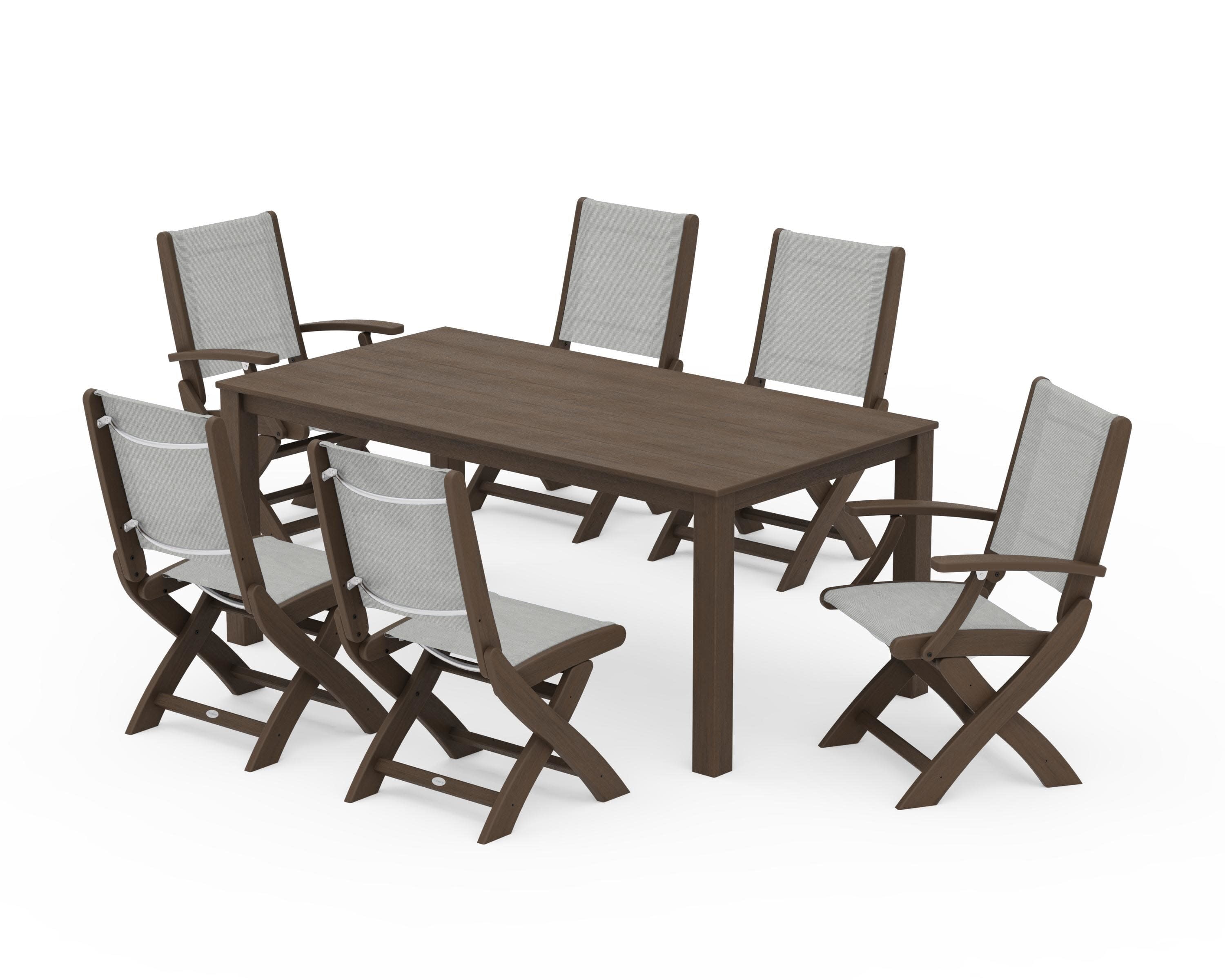 Coastal Folding Chair 7-Piece Parsons Dining Set in Kona / Metallic Sling