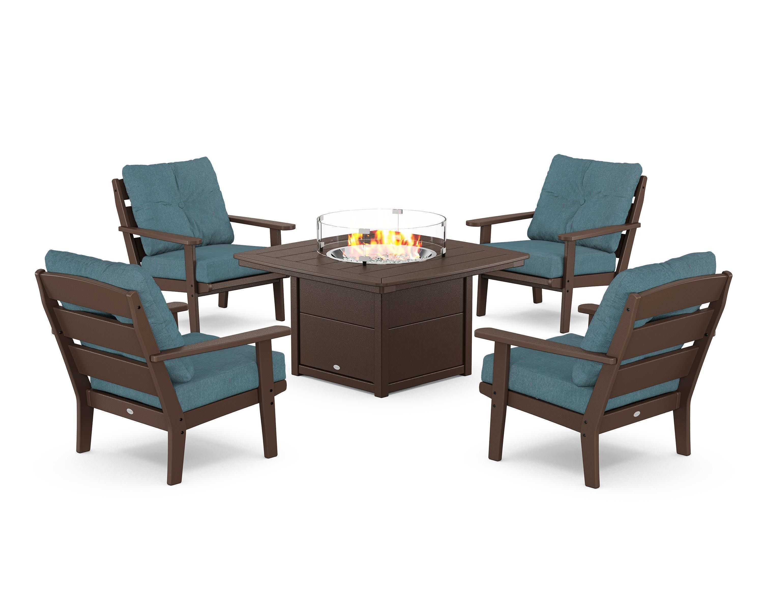Lakeside 5-Piece Deep Seating Set with Nautical Fire Pit Table in Mahogany / Ocean Teal